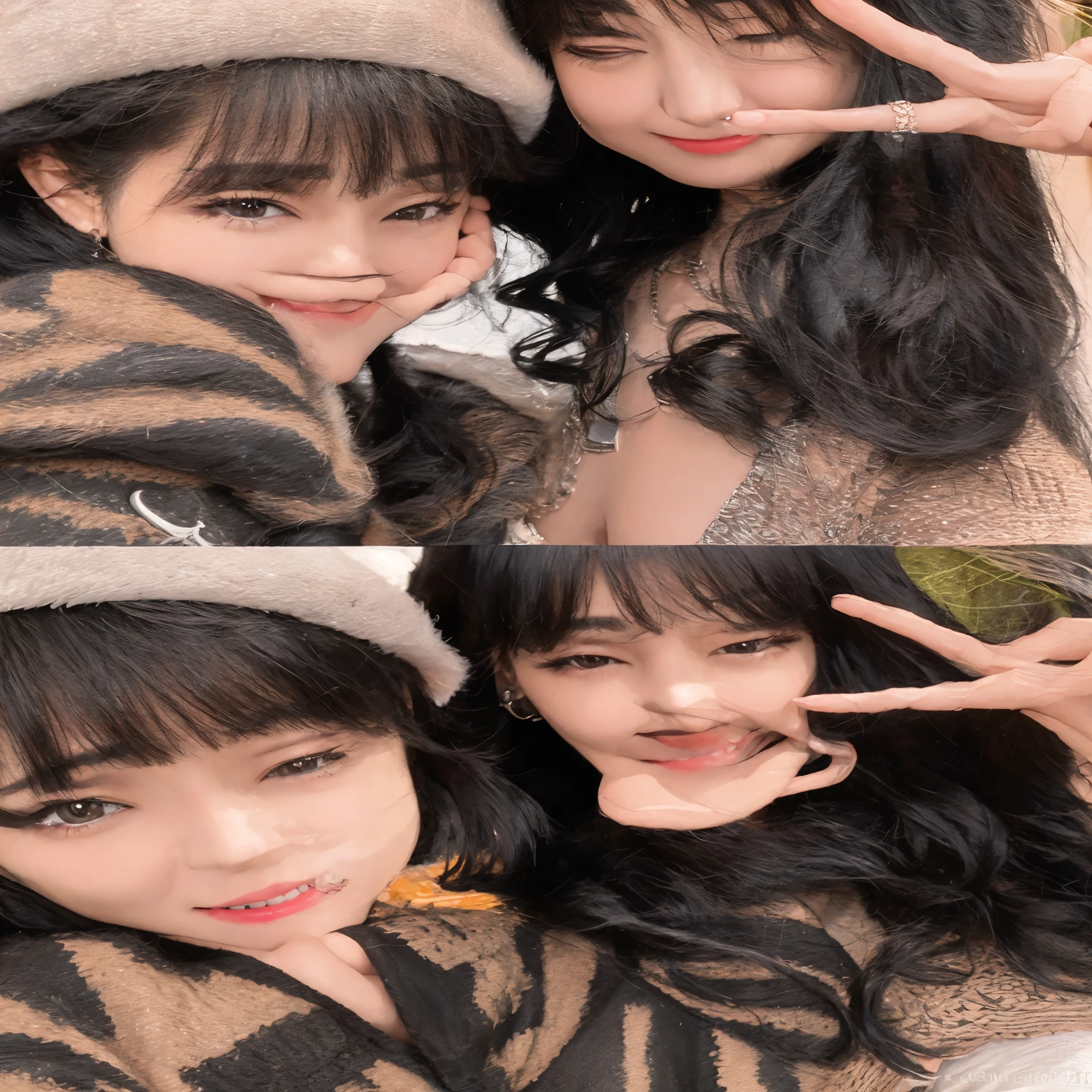 Tres chicas posando para una foto con las manos en alto., ulzzang, she has black hair con flequillo, cabello con flequillo negro, pelo cortado hime negro, Lalisa Manobal, pelo largo con flequillo completo, el corte de hime, long hair con flequillo, neat hair con flequillo, con flequillo, flequillo esponjoso, Aesthetics of beautiful faces, long black hair con flequillo