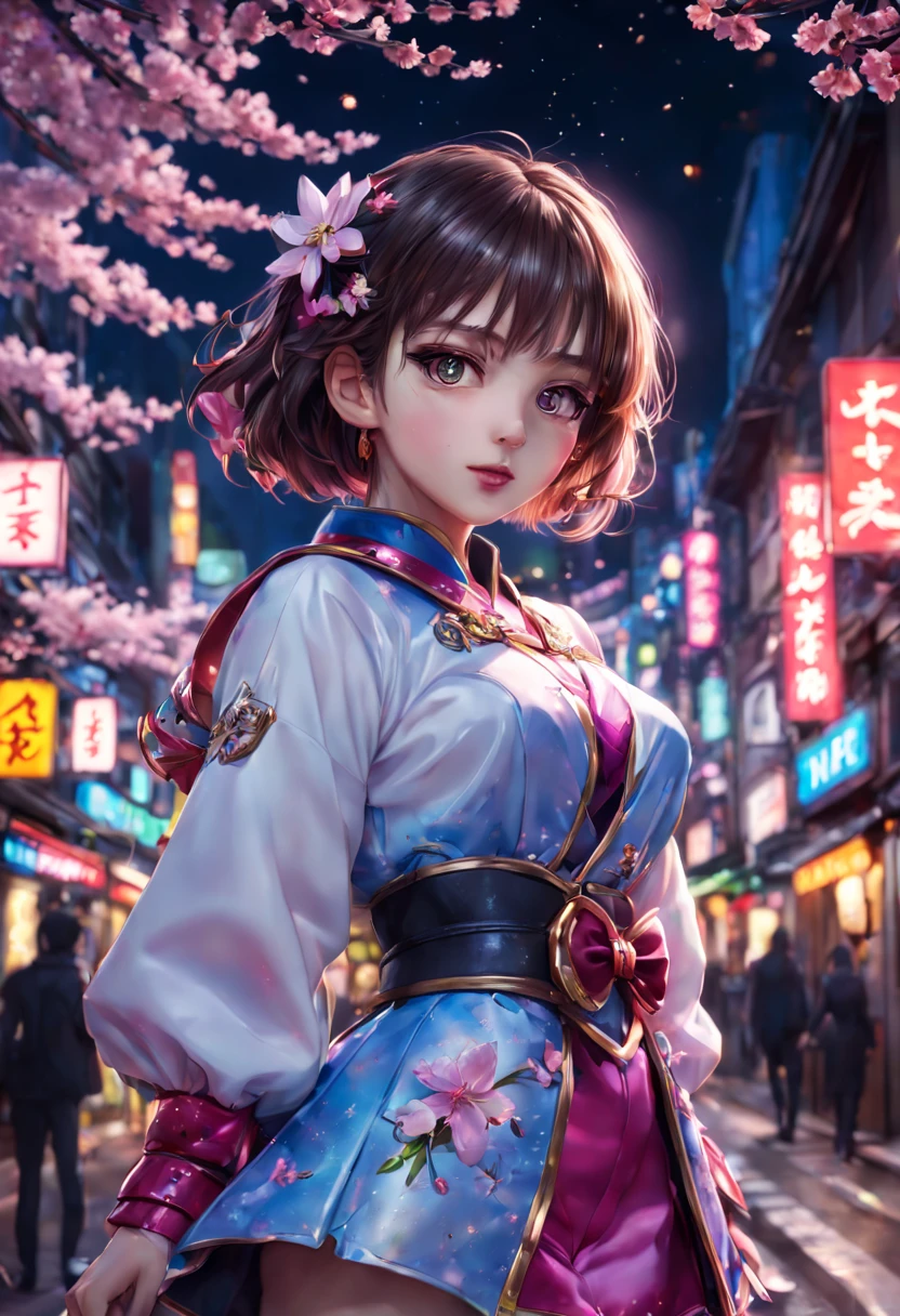 1girl, Magical girl, vibrant colors, dynamic pose, cherry blossoms, neon-lit streets, detailed eyes, detailed lips, long eyelashes, detailed face, Tokyo at night, CLAMP's art style, high-resolution, ultra-detailed, photorealistic, vivid colors, HDR, UHD, studio lighting, bokeh.