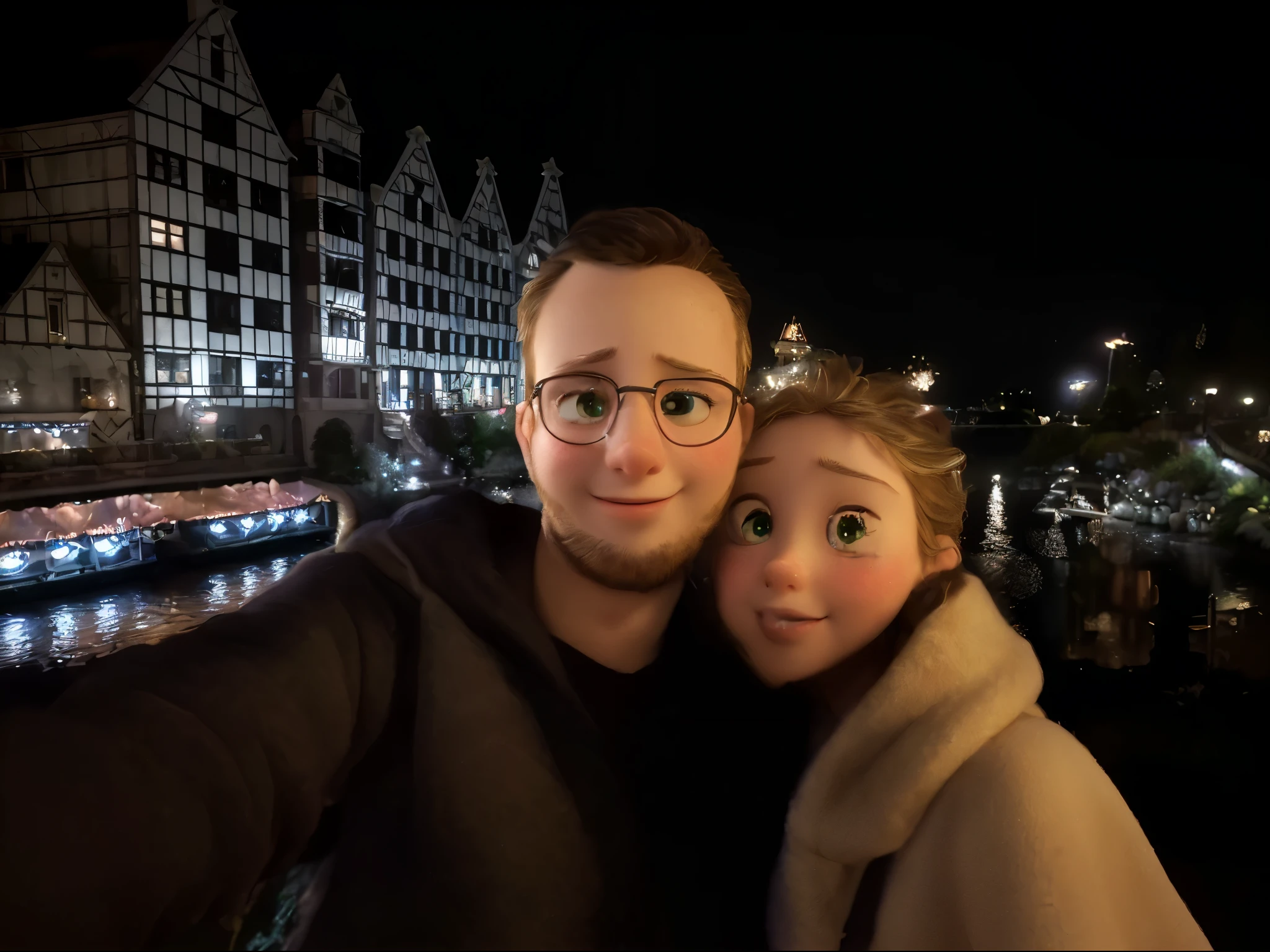 (best quality,highres,masterpiece:1.2),ultra-detailed,(realistic:1.37) romantic young couple at night, disney pixar style, starlit sky, glowing moon, enchanting atmosphere, soft and warm lighting, intricate details on their faces and clothes, tender and loving expression, dreamy ambiance, vibrant colors, magical touch, whimsical animation style, captivating storytelling, fairy tale atmosphere, joyful and romantic scene
