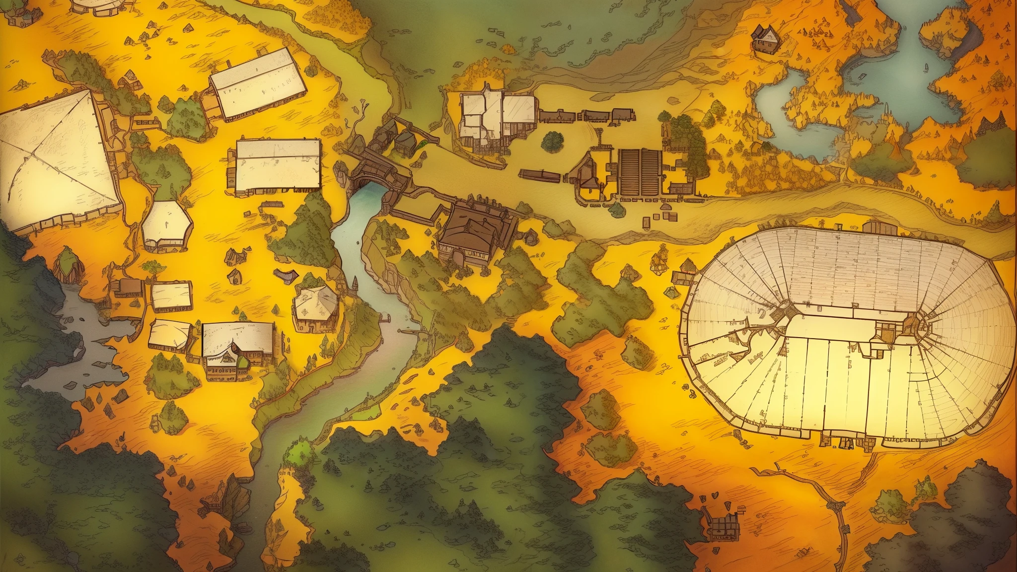 a close up of a map of a small town with a river, gridless dnd map, an isometric fantasy map, d&d style fantasy map design, extremely detailed d&d map, dnd setting!, game map, detailed game art, detailed environment, d&d fantasy setting, village in the woods, detailed intricate environment, detailed surroundings, dnd map