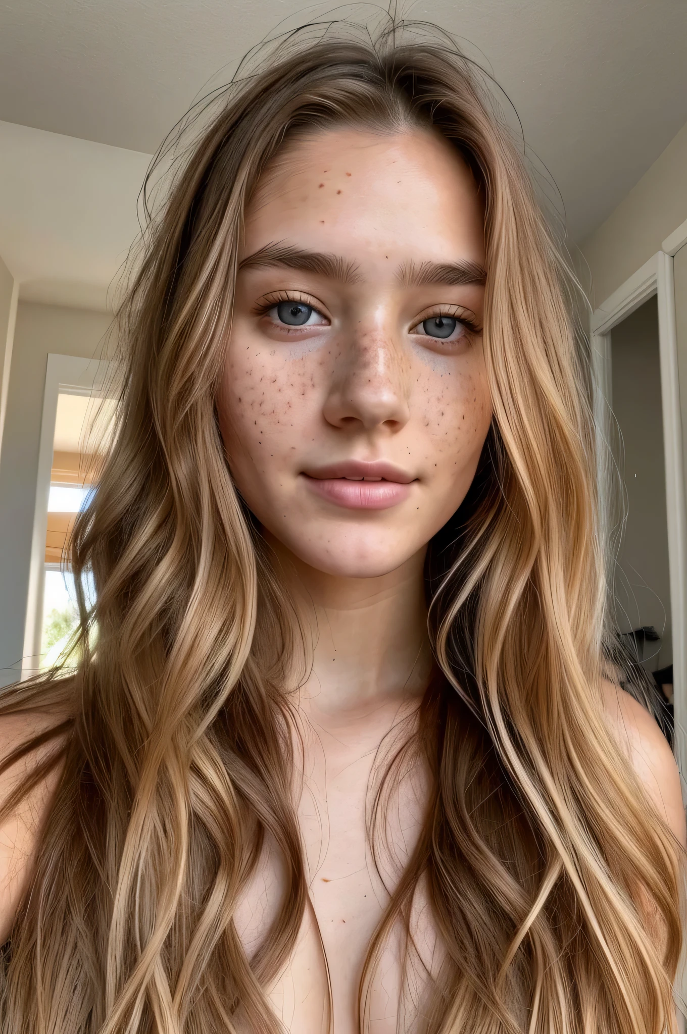 Instagram selfie, Upper body, 23 year old gorgeous woman, small breasts, A slight grin, detailed skin of face and eyes, daylight, Houses, long hair, low contrast, natural face, freckles, blonde hair, Brown eyes, epiCNegative