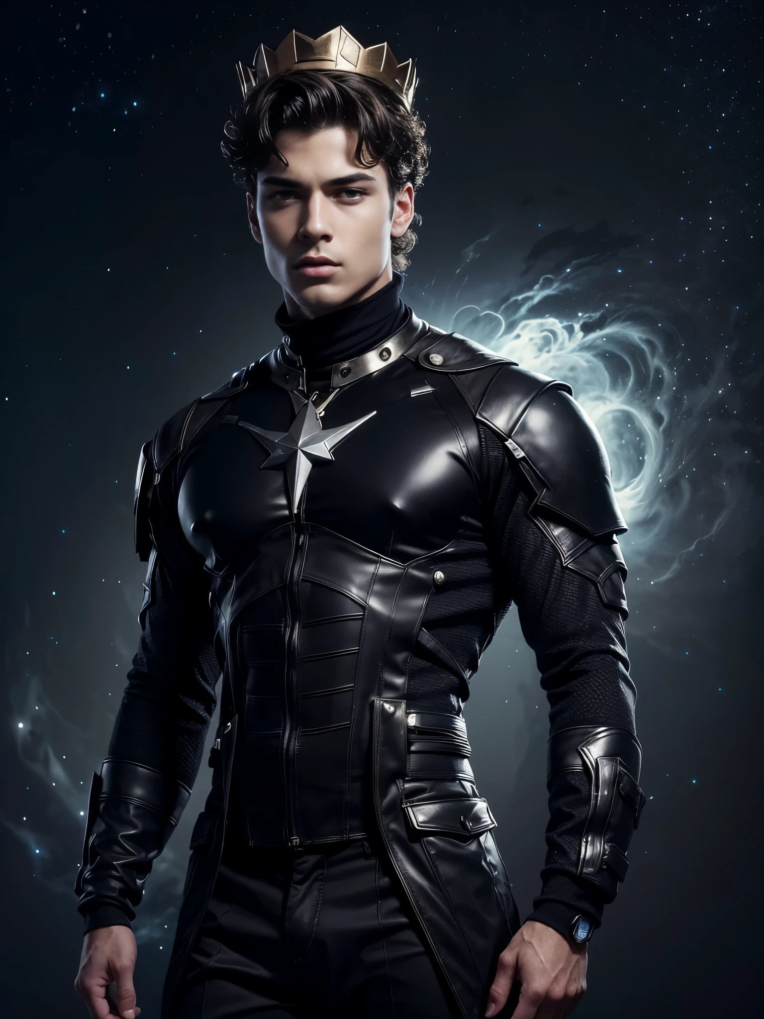 Photorealistic, twins, ((best quality)), ((masterpiece)), (detailed),masculine portrait of youngt futuristic prince, 18-year-old male models, handsome, tall, cute looking, evil look, dark look, powerful, young male, handsome model, clean shave, silver eyes. (short curly messy brown hair:1.2), messy curly hair, super strong, muscular, fit, massive muscles, six pack, shirtless, barechested, hlaf naked, topless, muscle, ripped, strong body, fit body, great chest, amazing arms, (black dark evil masculine crown:1.4), futuristic trousers, futuristic royal jewels, (futuristic royal pants:1.4), futuristic royal garment, out space, galaxies, stars and planets in the background, (Dark background:1.6) constellations, galaxies, 8k, high detailed, ultra-detailed, Stylish Pose, real skin texture, dark cinematic lighting, outerspace, constellation, galaxies, stars in the background