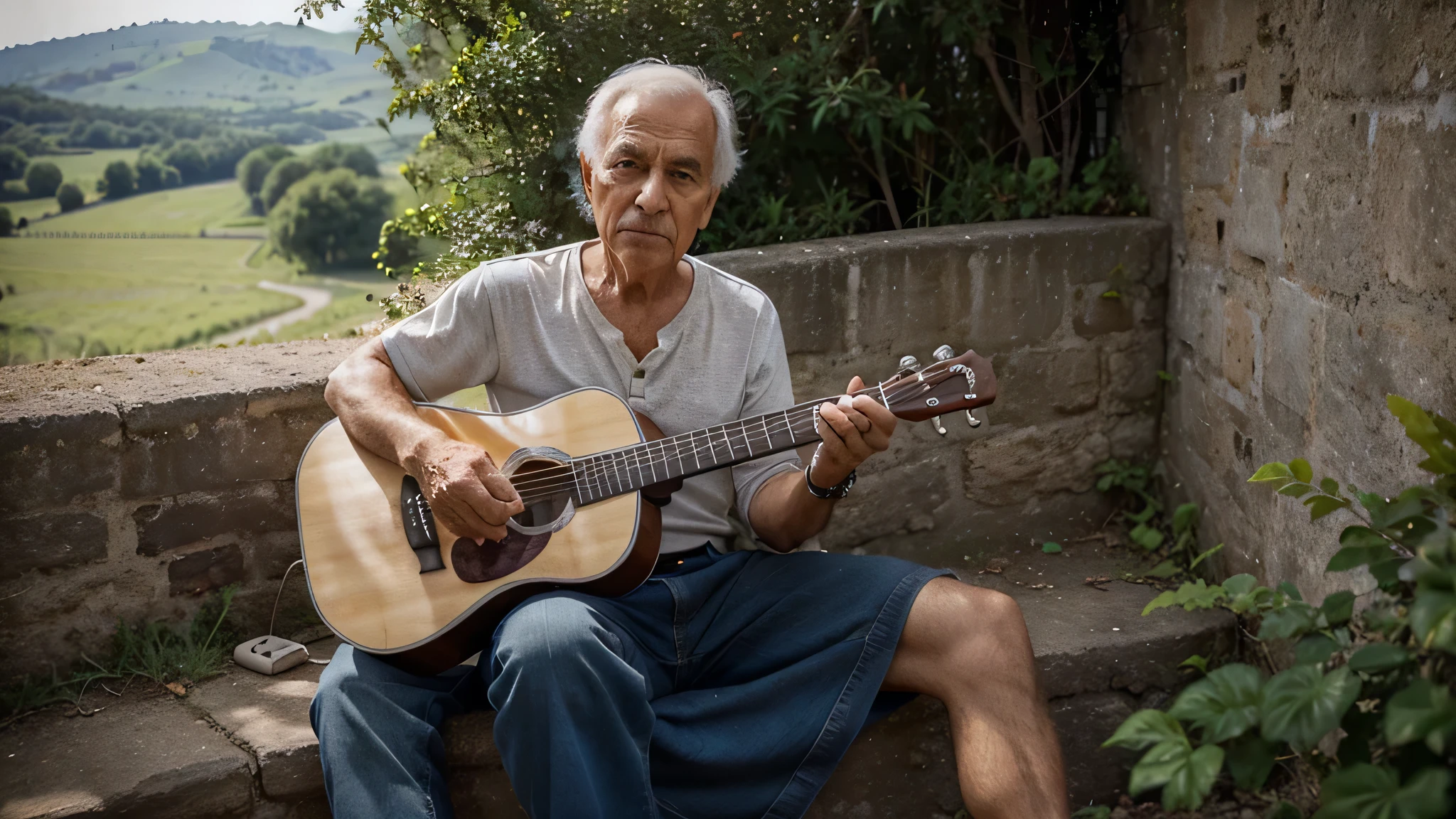 um homem de 60 anos olhando pra frente, Looking at the camera, playing a small guitar with 10 tuning pegs, sentado em ambiente rural