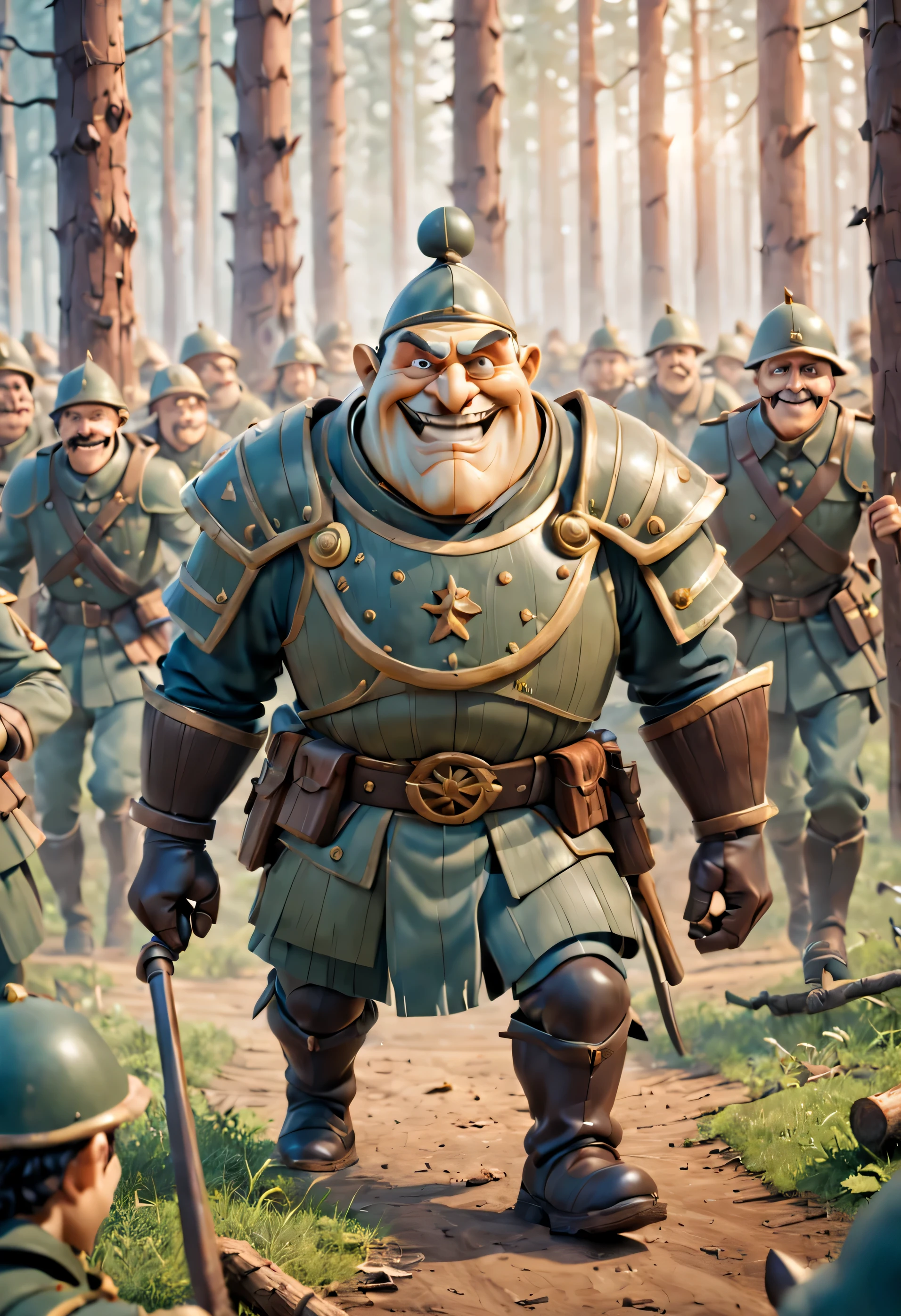 A Russian fairy tale. A very dynamic scene. Close-up. Evil General Urfin Jus is smiling broadly and evil and commanding the army. The wooden soldiers are made of logs. Photorealistic, cinematographic. Studio Ghibli, Pixar. Blurred background. Light haze.