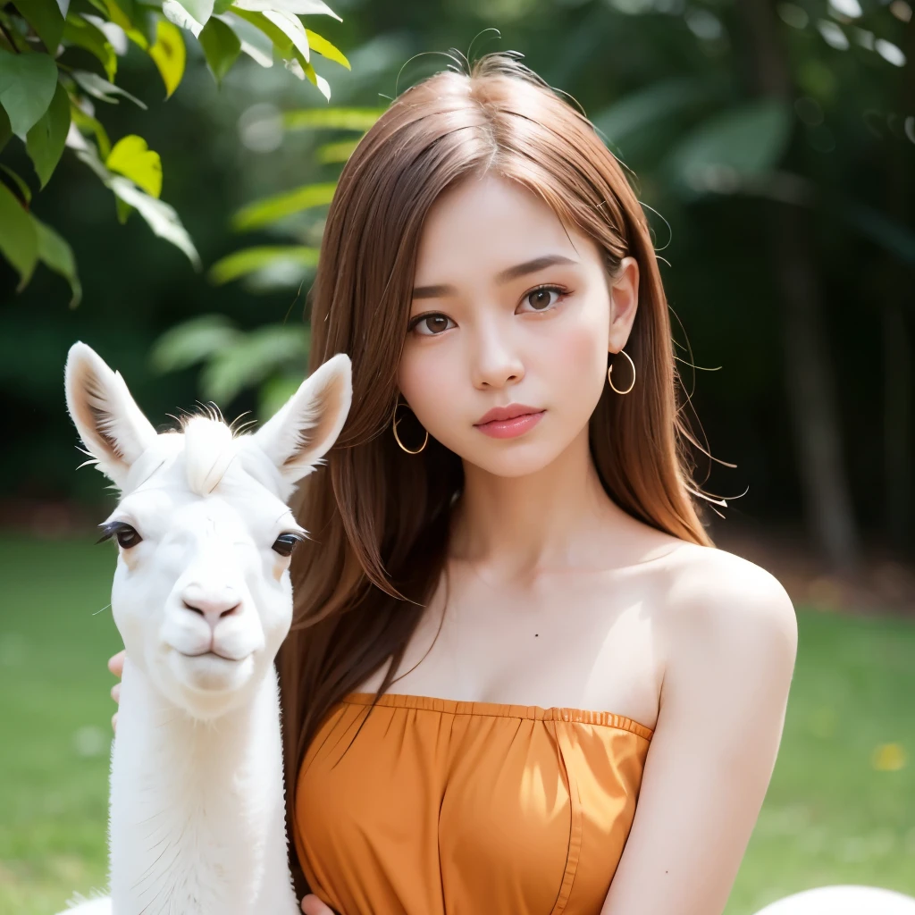 Beautiful young Asian girl, Natural scenery, Posing with a cute white llama, Cute smile, Young Face, Black Hair, Big messy hair, Fair skin, Slim figure, Cleavage, Wearing an orange sundress, feminine, sunrise, Morning light