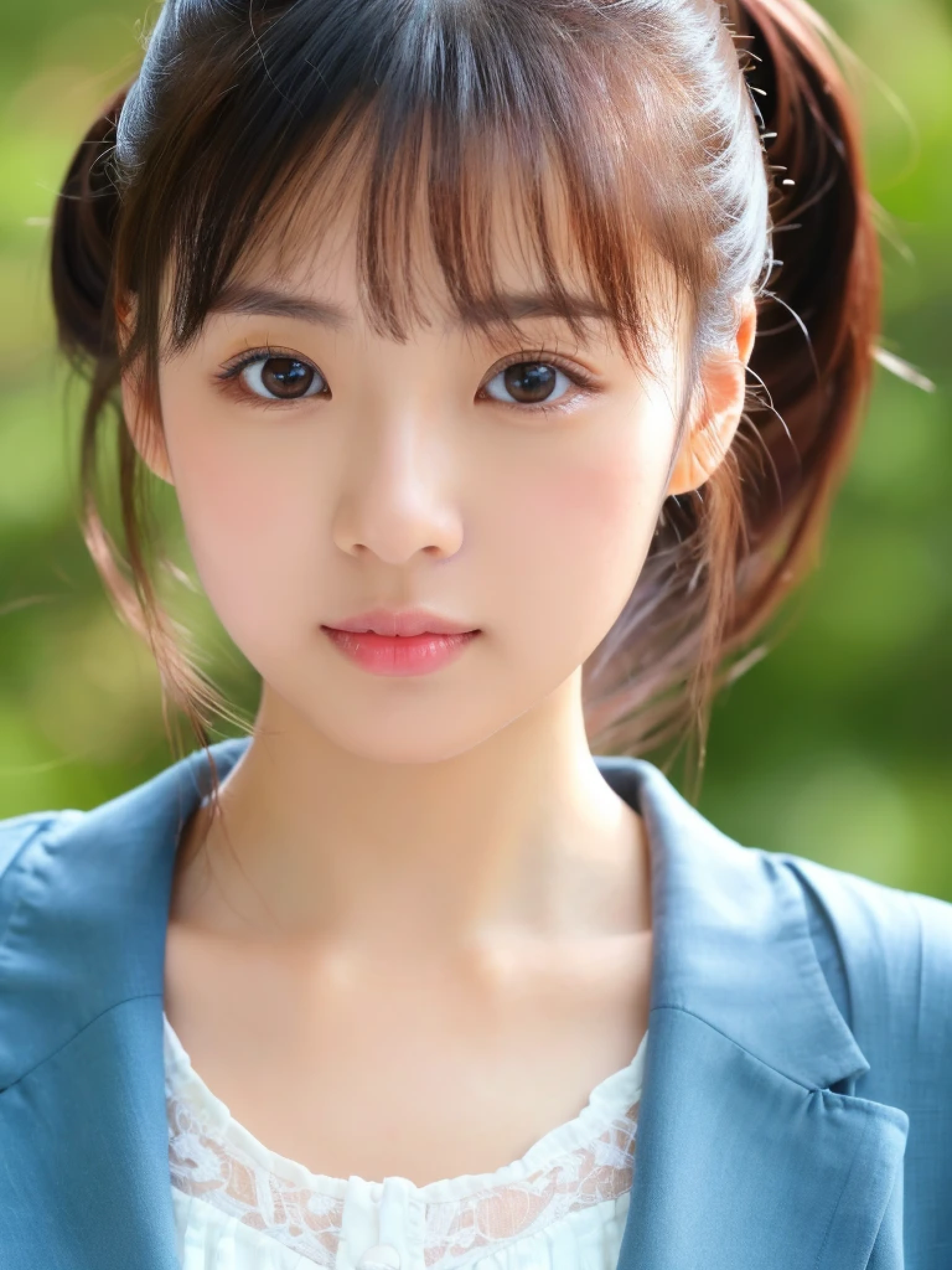 ((cute日本の女の子、beautiful japanese girl、1 girl、19 years old、Highly detailed face and skin texture、super detailed face、highly detailed eyes、Lee Hong、blush、close-up of woman、front、cute、Highly detailed face and skin texture、smooth white skin、Transparent skin texture、))、(dark brown hair)、look at the camera、sharp focus：1.2、beautiful woman with perfect style：1.4、japanese model、young gravure idol、若いcuteグラビアアイドル、Realistic young gravure idol、sophisticated gravure idol、((highest quality、8K、masterpiece:1.3、１photograph))、(4K、RAWphotograph、highest quality)、Place someone on the other side of the screen、Natural light、ponytail