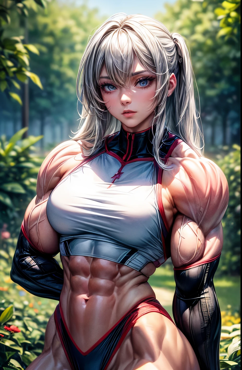 (best lighting) , (Extremely complex and detailed) , 4K unified, (Super detailed CG: 1.2) , (8k: 1.2),(original), (masterpiece) , (best quality),(masterpiece:1.4),Anime-like high quality,(masterpiece),masterpiece, Super clear picture quality,clearer than,(delicate face)best quality, absurd,((Master of Peace, 4K, 8k, Yes, high resolution))1个girl, female student,She was in the garden,Ten strong abdominal muscles,stand up,exposed abdomen, Crop topping,dense, Raised veins on arms,spring, boots, Perfect body, silver long hair, dynamic poses,legs exposed,Strong leg muscles ((bodybuilder:1.5)),spring Garden,(beautiful bass),(girl),(Miss),(((Upper body:1)))