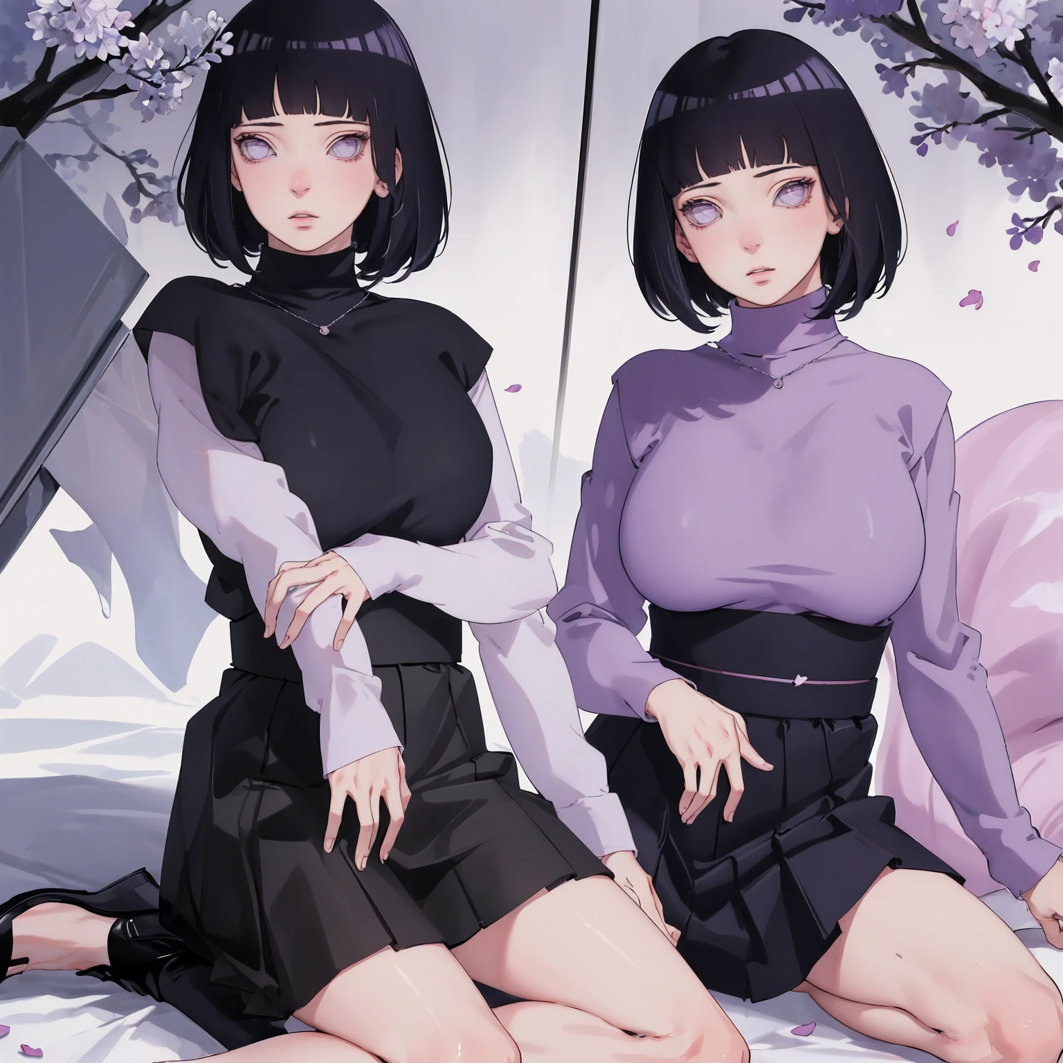 { - anatomy error} (Masterpiece - Ultra-detailed, very high resolution) (huge titusty, masterpiece, absurdres, hinata\(boruto\), 1girl, solo,mature female, lilac turtleneck blouse, high waist black short skirt, looking at viewelling petals), perfect composition, detailed lips, big breast, beautiful face, body propotion, blush, (pink lips), short hair, (black hair), purple eyes, soft gaze, super realistic, detailed, photoshoot, realistic face and body, closed mouth, dancing ligthly , lilac eyes, full body, walking on the floor , perfect fingers, inocent face