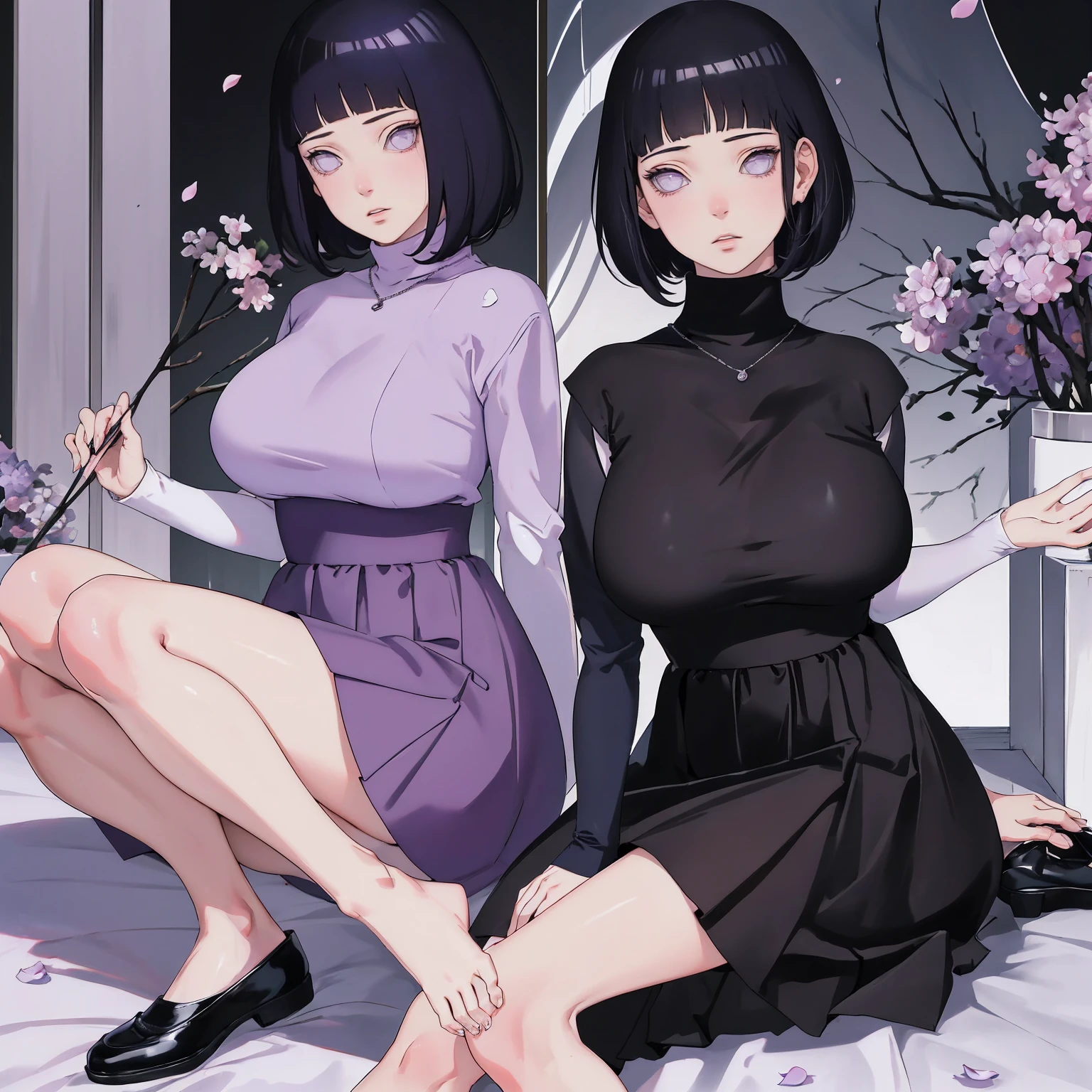 { - anatomy error} (Masterpiece - Ultra-detailed, very high resolution) (huge titusty, masterpiece, absurdres, hinata\(boruto\), 1girl, solo,mature female, lilac turtleneck blouse, high waist black short skirt, looking at viewelling petals), perfect composition, detailed lips, big breast, beautiful face, body propotion, blush, (pink lips), short hair, (black hair), purple eyes, soft gaze, super realistic, detailed, photoshoot, realistic face and body, closed mouth, dancing ligthly , lilac eyes, full body, walking on the floor , perfect fingers, inocent face