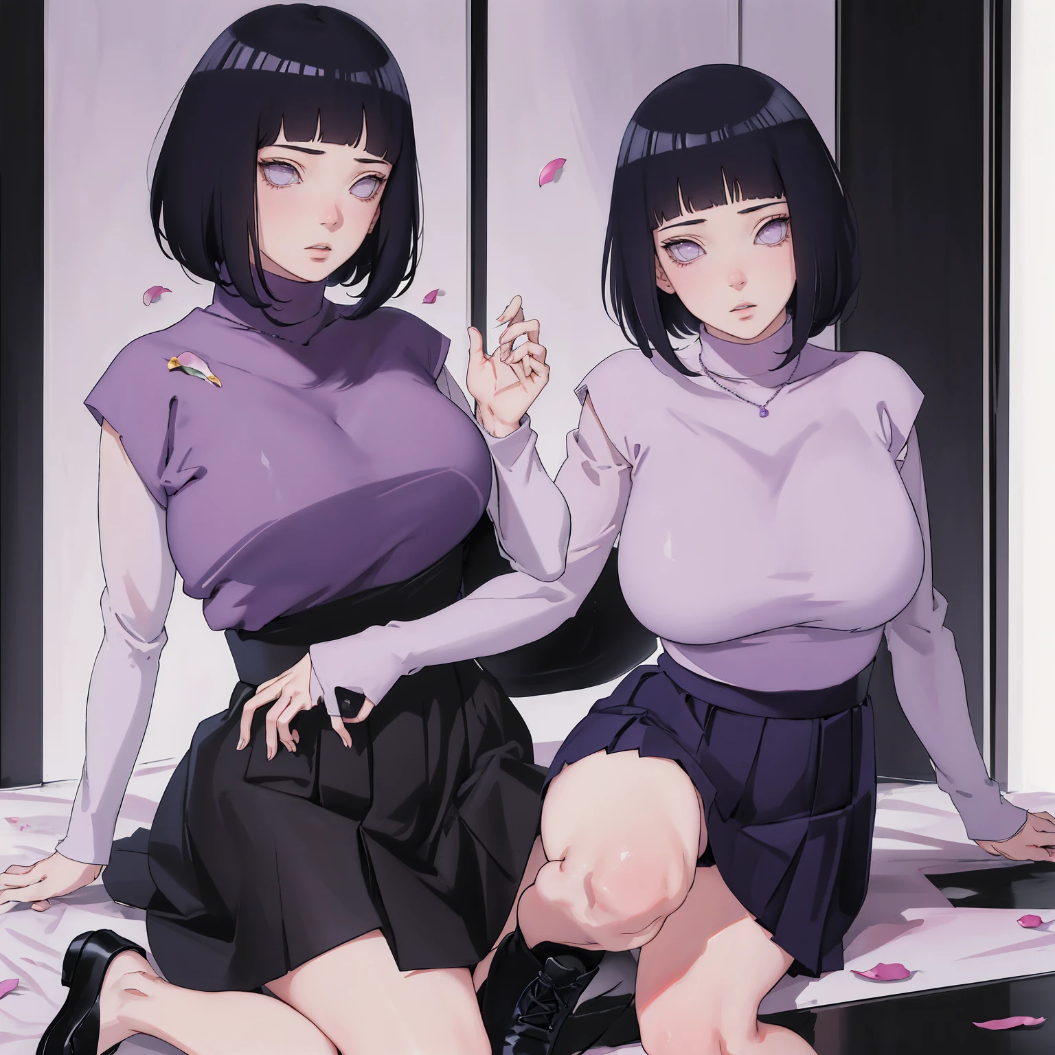 { - anatomy error} (Masterpiece - Ultra-detailed, very high resolution) (huge titusty, masterpiece, absurdres, hinata\(boruto\), 1girl, solo,mature female, lilac turtleneck blouse, high waist black short skirt, looking at viewelling petals), perfect composition, detailed lips, big breast, beautiful face, body propotion, blush, (pink lips), short hair, (black hair), purple eyes, soft gaze, super realistic, detailed, photoshoot, realistic face and body, closed mouth, dancing ligthly , lilac eyes, full body, walking on the floor , perfect fingers, inocent face