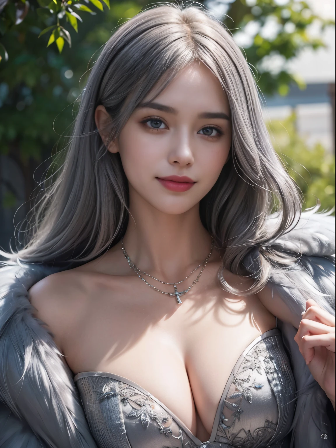 girl, smile, fine skin, gray hair, necklace, Elegant collar, Fluffy smooth feather jacket, heterochromia, beautiful, cute, highly detailed, highest quality, Super detailed, Hyperrealistic, realistic, masterpiece, Complex, disorganized, hire