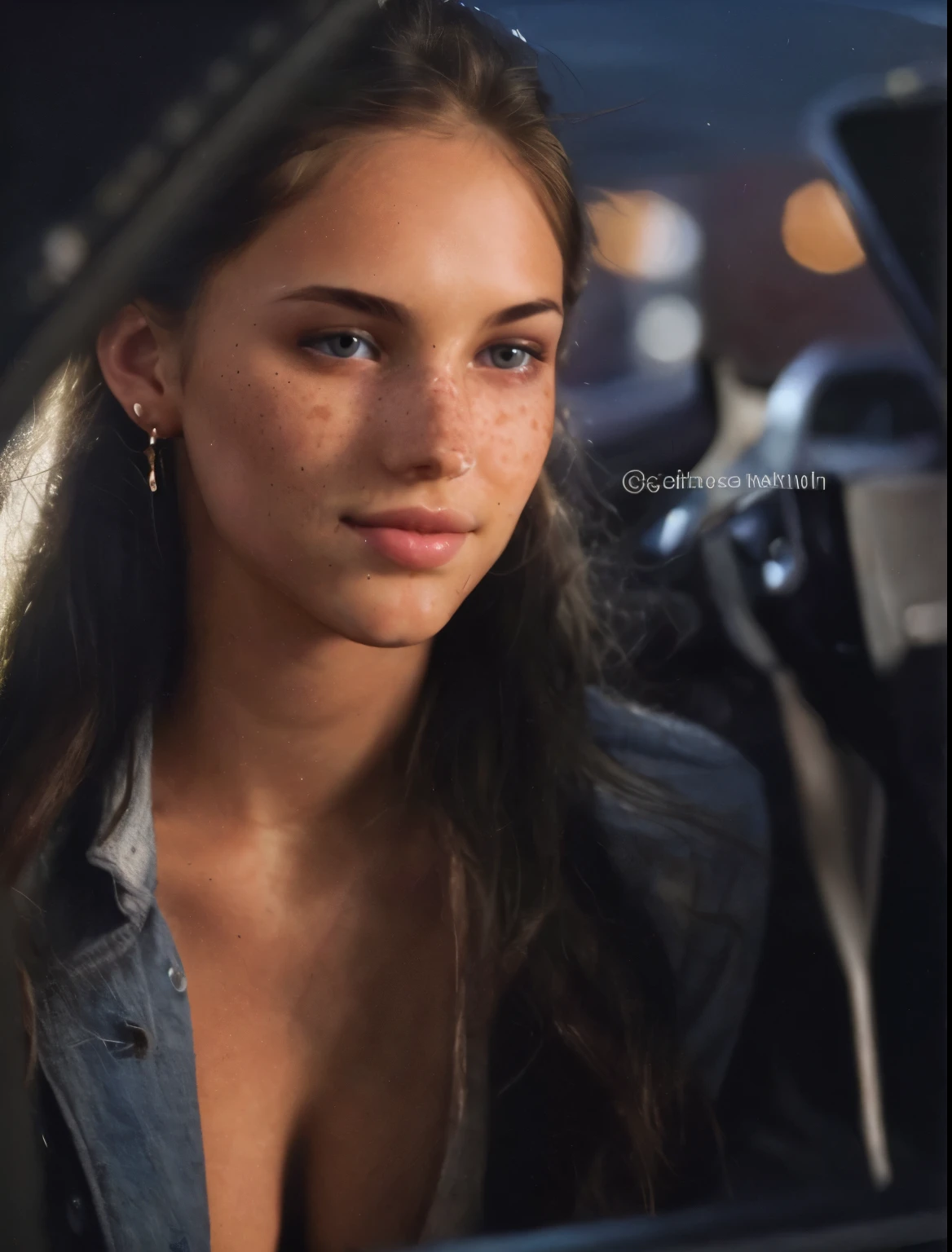 brown hair, young, clear soft skin, slight light freckles, pretty face, light brown eyes