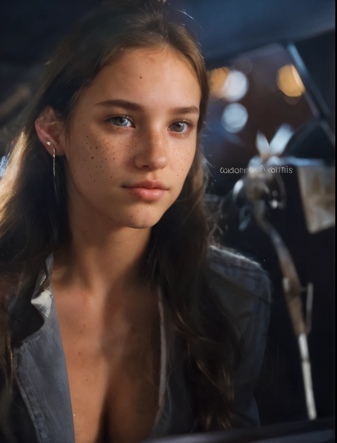 brown hair, young, clear soft skin, slight light freckles, pretty face, light brown eyes