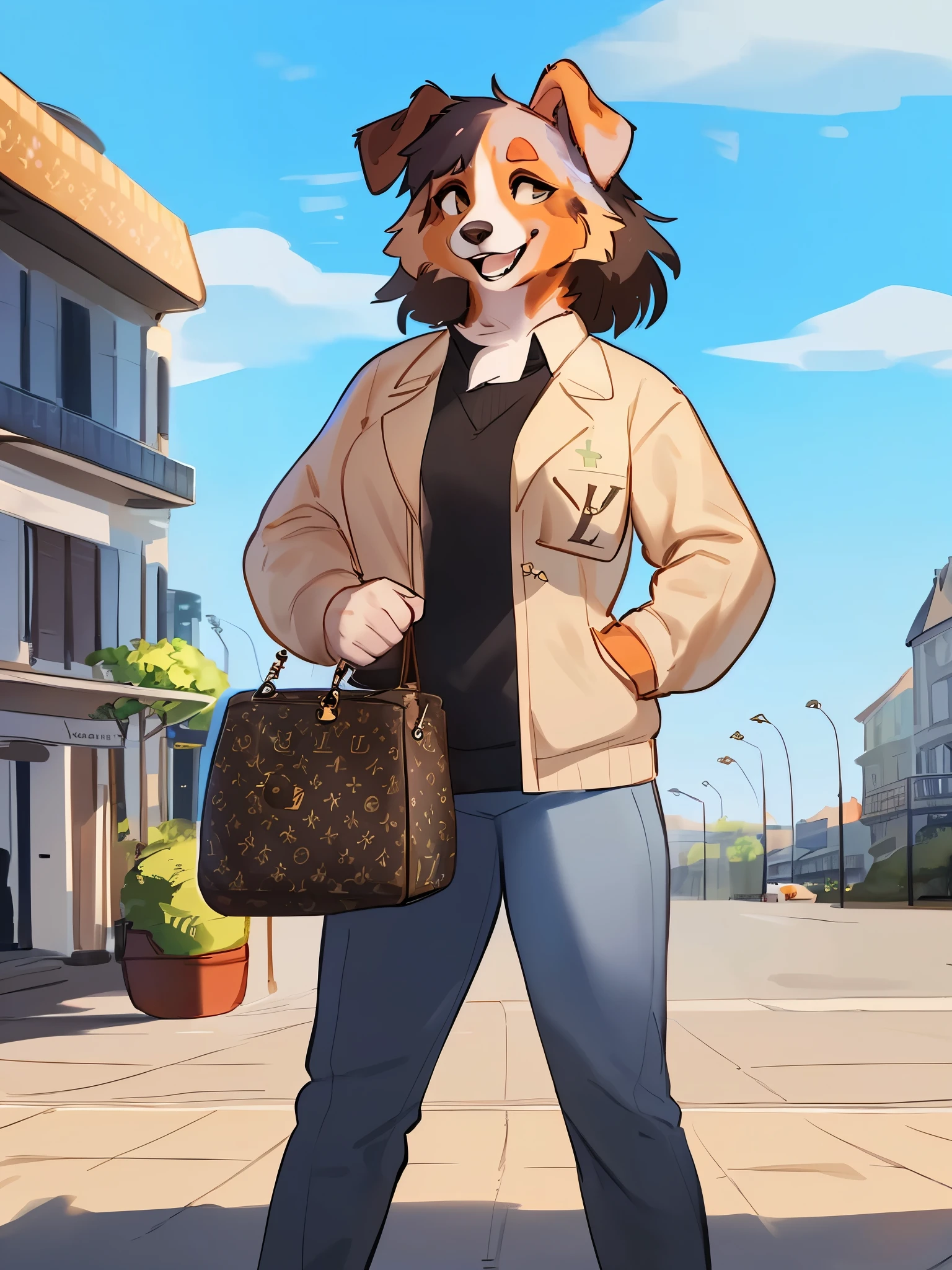 by bebebebebe, by lostgoose, by goonie-san, solo, female, standing, ((snout, hair, australian shepherd)), detailed eyes, french city, open mouth, smiling, happy, ((designer clothes, louis vuitton))