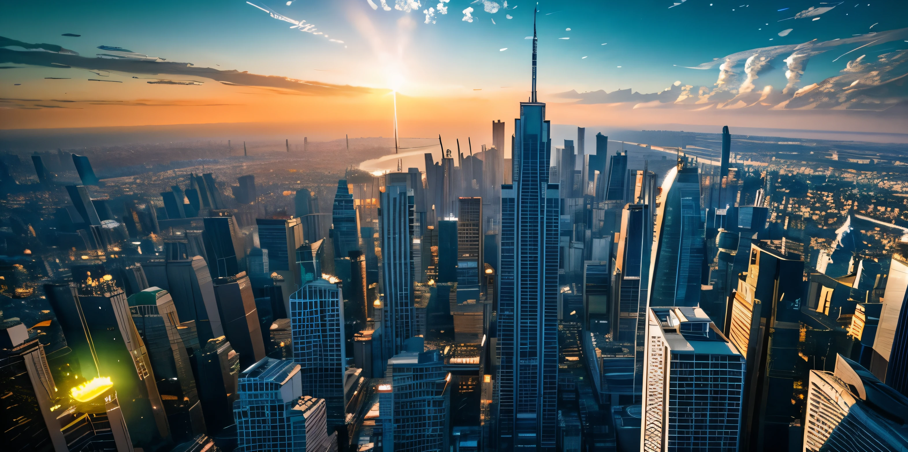 very bright light in the distance,The sun is depicted in front,Having a huge high-tech city with skyscrapers against the background of stars and planets、Beautiful landscape of alien planet, digital illustration, (masterpiece), (high quality), 最high quality, high quality, very detailed CG unity 8k wallpaper, award winning photography, Bokeh, written boundary depth, HDR, bloom, chromatic aberration ,realistic,very detailed, Trends in Artstation, trending on cgsociety, Complex, high detail, dramatic, Art on the way