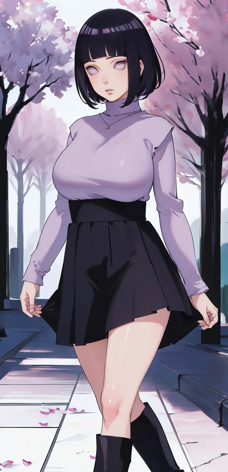 { - anatomy error} (Masterpiece - Ultra-detailed, very high resolution) (huge titusty, masterpiece, absurdres, hinata\(boruto\), 1girl, solo,mature female, lilac turtleneck blouse, high waist black short skirt, looking at viewelling petals), perfect composition, detailed lips, big breast, beautiful face, body propotion, blush, (pink lips), short hair, (black hair), purple eyes, soft gaze, super realistic, detailed, photoshoot, realistic face and body, closed mouth, dancing ligthly , lilac eyes, full body, walking on the floor , perfect fingers, inocent face