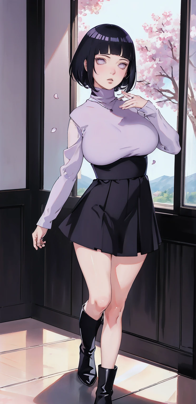 { - anatomy error} (Masterpiece - Ultra-detailed, very high resolution) (huge titusty, masterpiece, absurdres, hinata\(boruto\), 1girl, solo,mature female, lilac turtleneck blouse, high waist black short skirt, looking at viewelling petals), perfect composition, detailed lips, big breast, beautiful face, body propotion, blush, (pink lips), short hair, (black hair), purple eyes, soft gaze, super realistic, detailed, photoshoot, realistic face and body, closed mouth, dancing ligthly , lilac eyes, full body, walking on the floor , perfect fingers, inocent face