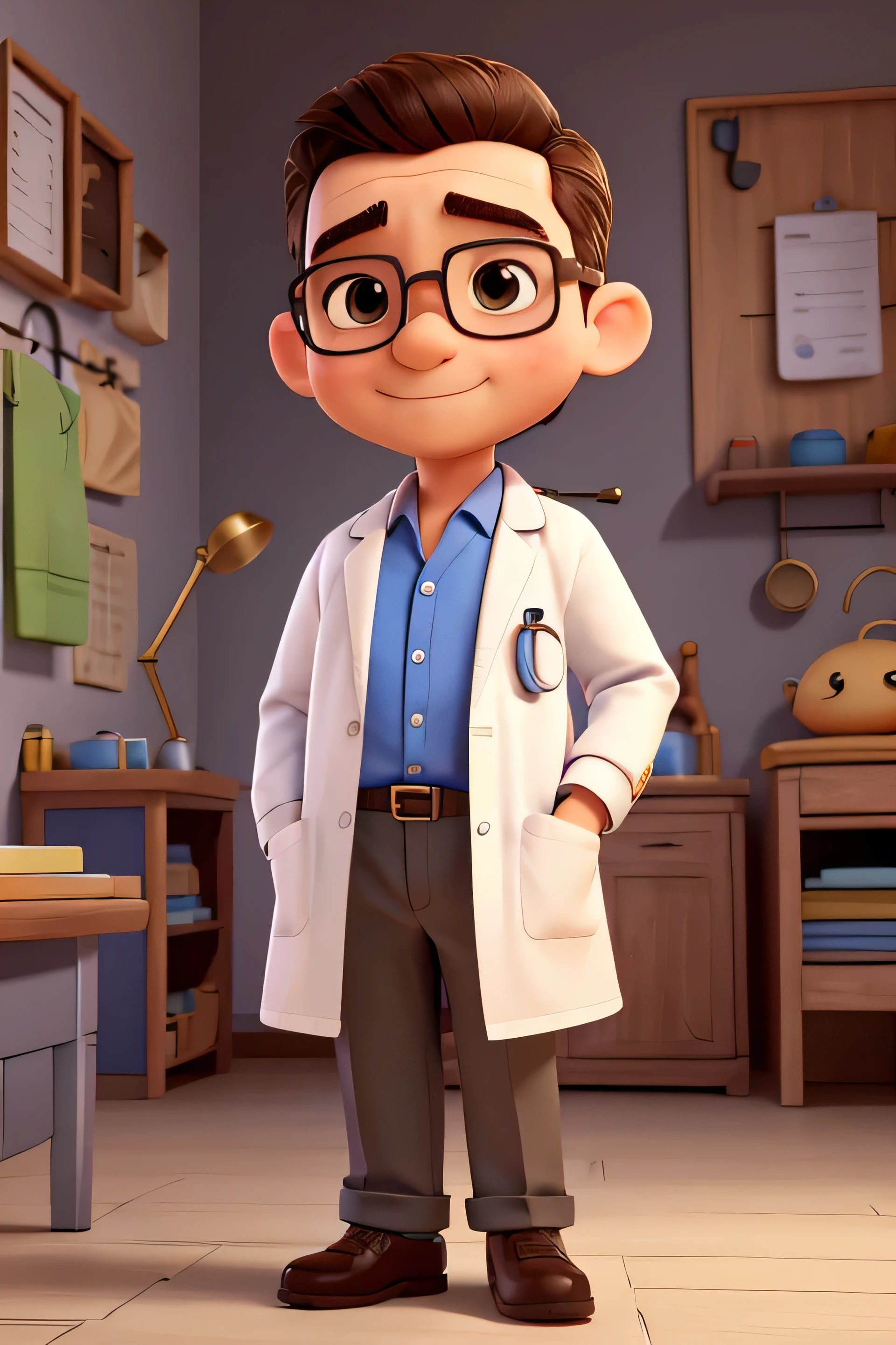 cute little male doctor, 38 anos de idade, huge head, cebelos curtos, wearing thin-framed glasses of round gold, olhos altamente detalhados , vestindo um jaleco branco, using a stethoscope, whole body view, figuras de brinquedo