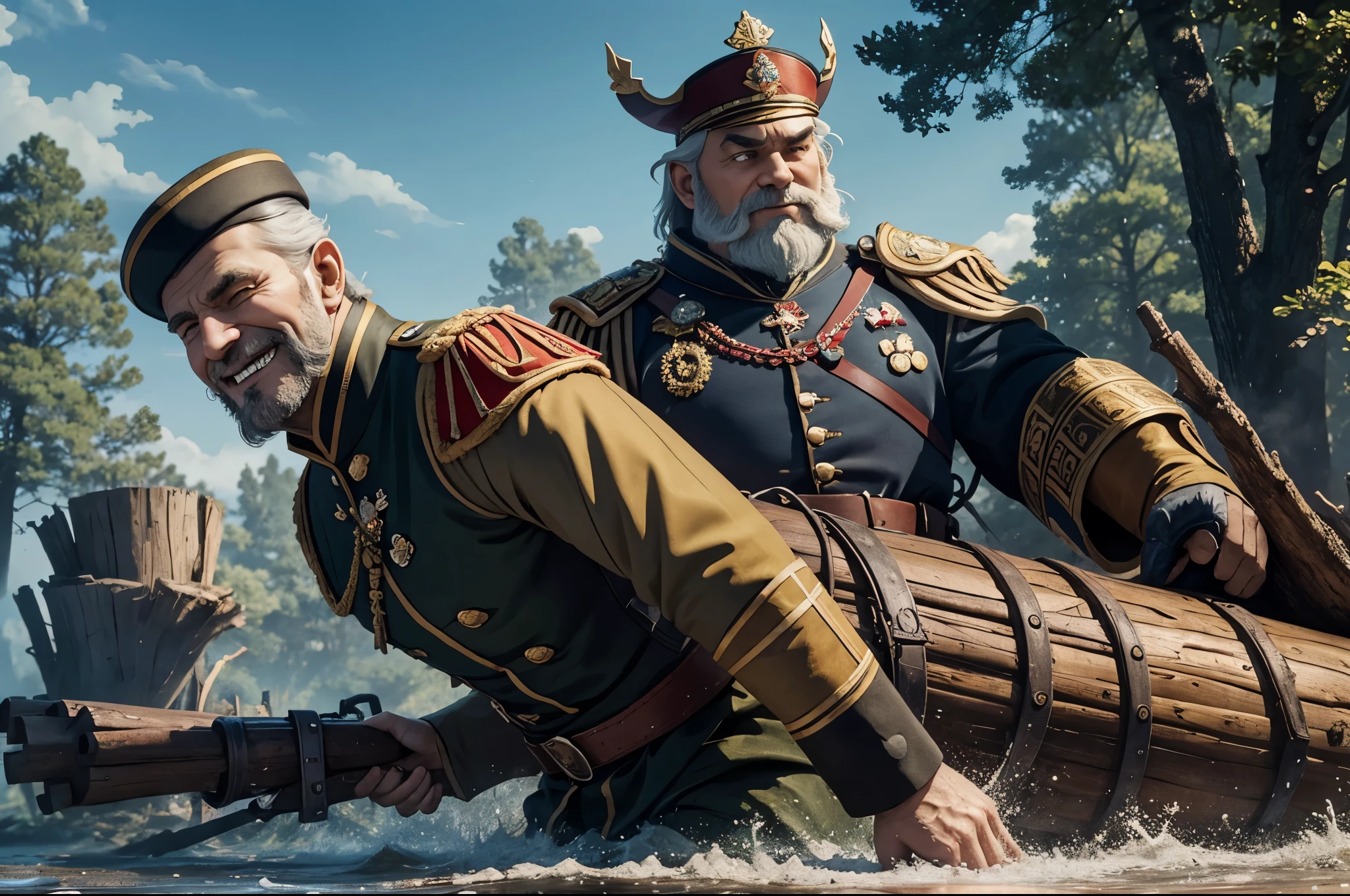 A Russian fairy tale. A very dynamic scene. Close-up in full height. Evil General Urfin Jus is smiling broadly and evil and commanding the army. The wooden soldiers are made of logs. Photorealistic, cinematographic. Studio Ghibli, Pixar. Blurred background. Light haze.