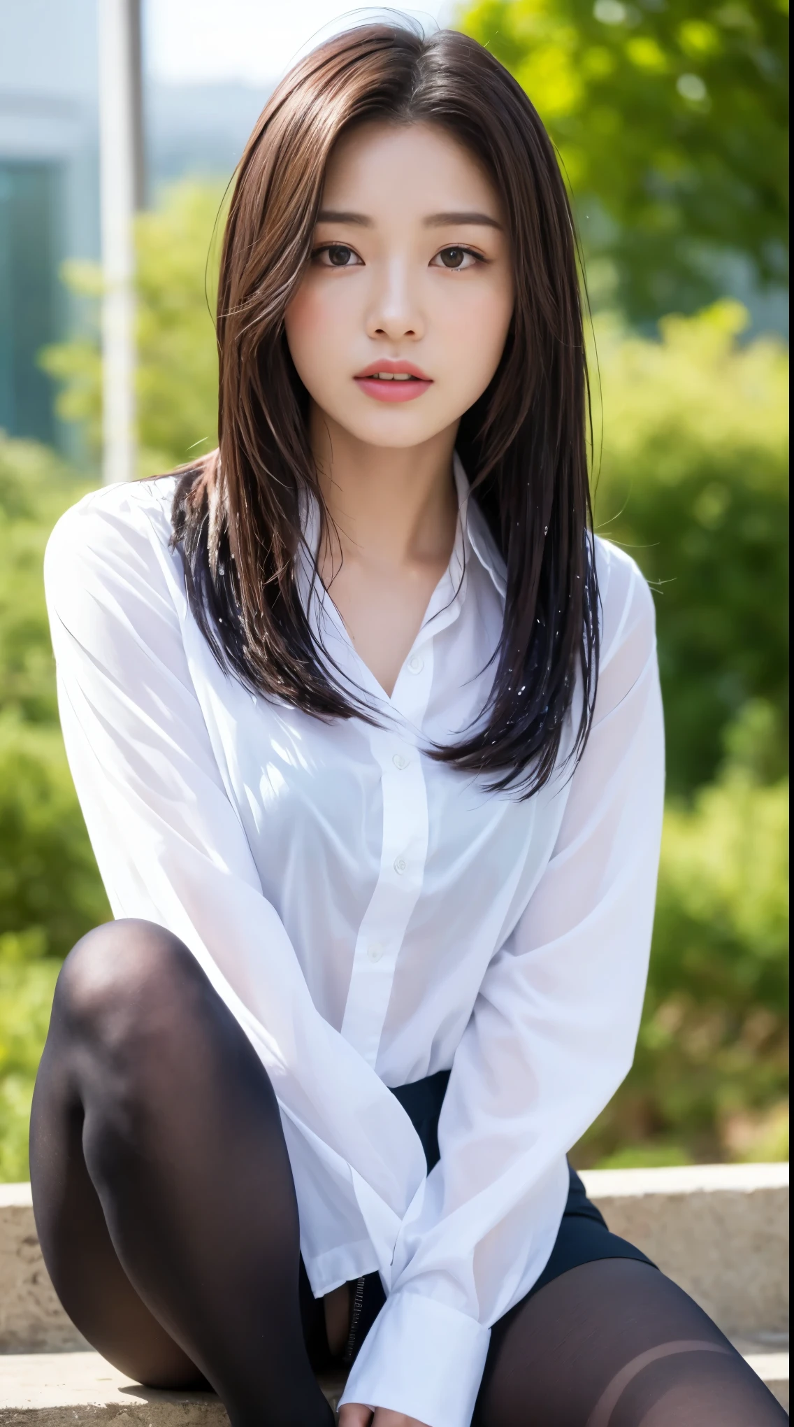 Ulzzang-6500-v1.1, (RAW photos:1.2), (realistic:1.4), Beautiful detailed girl, very detailed eyes and face, beautiful and delicate eyes, does not make sense, It's incredibly ridiculous., huge file size, ultra detail, high quality, very detailed, best quality, masterpiece, Kemomimi, ((japanese girls high school )), illustration, very detailed, CG, unification, 8k wallpapers, fantastic, fine details, masterpiece, best quality, highly detailed cg uniform 8k wallpapers, my face shines, movie lights, 16 year old girl, (Without panties)), ((dynamic pose))), (camel toe), (half), (pantyhose), (sitting legs bending at the knees)) ((top quality, 8 thousand, masterpiece: 1.3)), keenly: 1.2, perfect body beauty: 1.4, slim abs: 1.2, ((layered hairstyle, big: 1.2)), (wet White Button Long Shirt: 1.1), (rain, distance: 1.2), wet: 1.5, very detailed 얼굴과 피부 질감, detailed eyes, double eyelid, The screen facing the camera