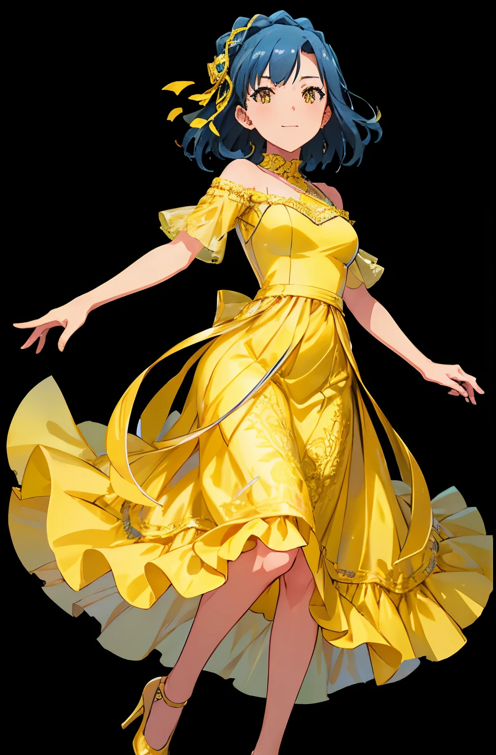 yuriko nanao (million live), 1 girl, Solo, Cute Girl, Best Quality, Ultra-detailed, 8K, High resolution, Detailed face, Bob Hair, looking at viewer, smile, ((yellow dress, long dress, lacy dress, pumps)),