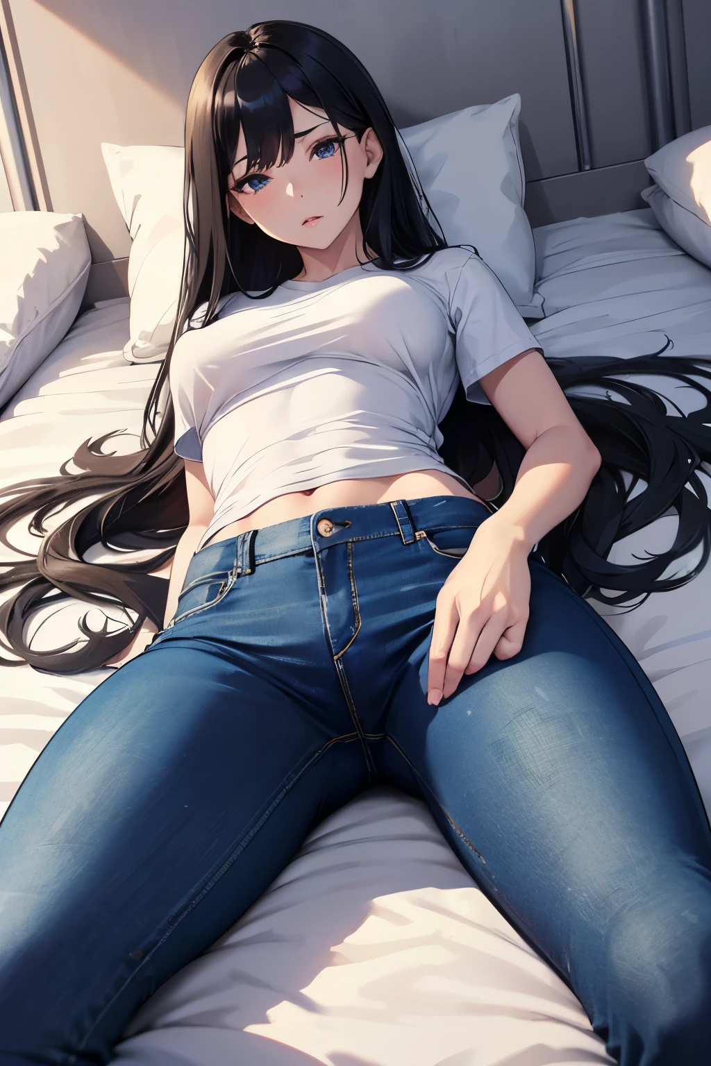 detailed face, adult woman, black hair, girl, shy girl, very shy girl, white skin, long hair, white t-shirt, tight jeans pants blue, jeans pants light blue, on room, open lag, lying bed, sexy, lying open legs