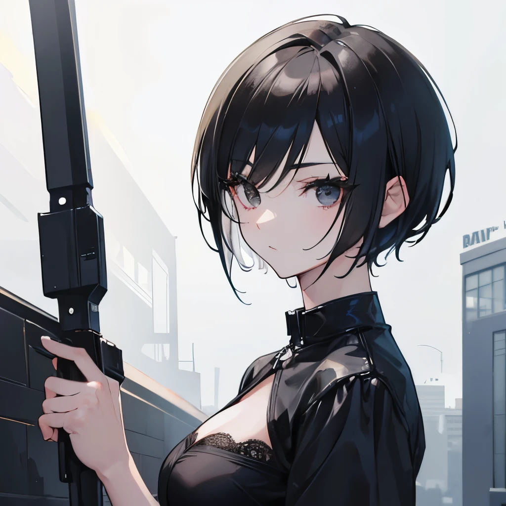 A baddie girl, very short hair, pixie haircut, black hair, black eyes