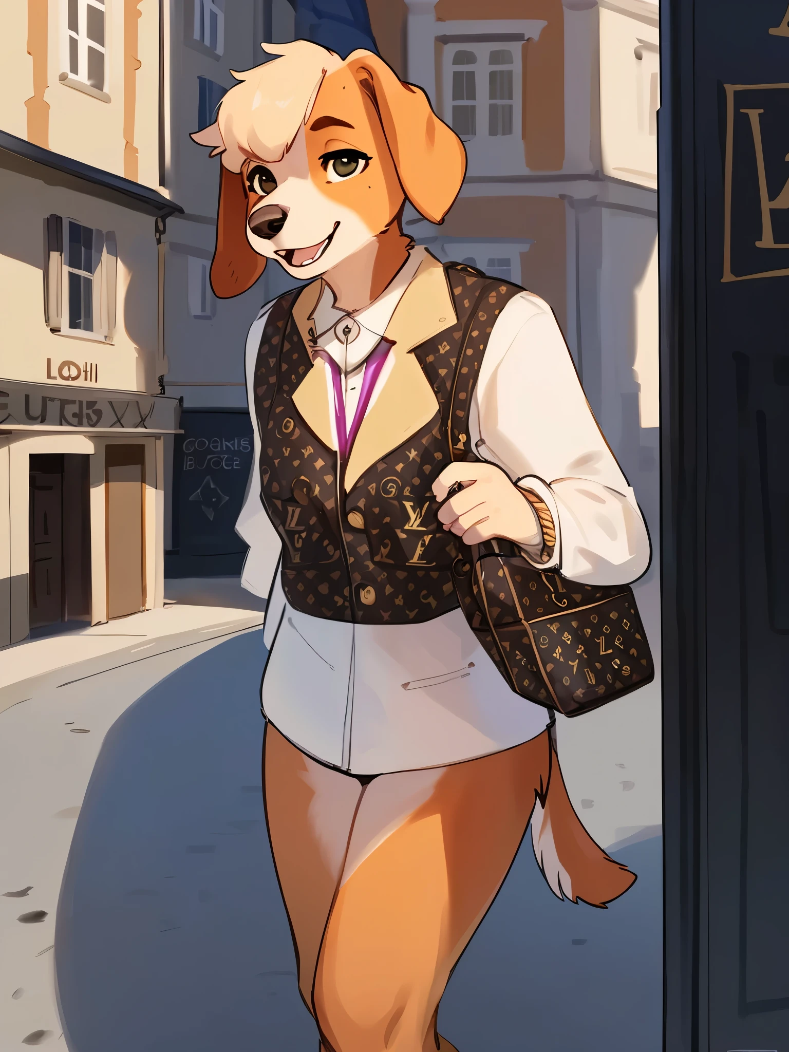 by bebebebebe, by lostgoose, by goonie-san, solo, female, standing, ((snout, hair, beagle)), detailed eyes, french city, open mouth, smiling, happy, ((designer clothes, louis vuitton))