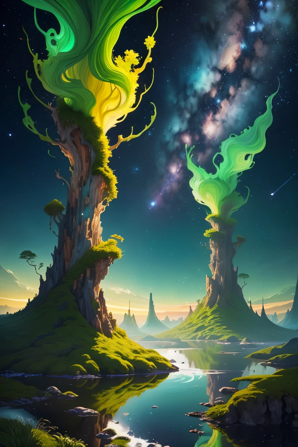 ((best quality)), ((masterpiece)), (detailed), Midjourney Style,You are an imaginative artist commissioned to create an extraordinary artwork that combines the theme of a green universe with the majesty of outer space. Your goal is to craft a visually stunning piece that showcases the harmonious coexistence of nature and the cosmos. Envision a universe where lush green landscapes, vibrant grass, and unique elements thrive in the vastness of space, replacing traditional trees. Imagine a breathtaking scene where towering structures, reminiscent of abstract sculptures, emerge from the cosmic void. These structures are composed of interwoven vines, moss, and ethereal energy, creating an otherworldly spectacle. The vibrant green hues of these organic formations create a captivating contrast against the backdrop of the starry expanse. Within this green universe, lush meadows stretch as far as the eye can see, their grass swaying gently in the celestial breeze. Instead of traditional trees, envision towering crystalline formations that radiate with a soft, green glow. These crystalline structures serve as hubs for life, providing habitats for extraordinary creatures adapted to the wonders of space. Incorporate elements such as cascading waterfalls that flow from these crystalline formations, creating iridescent rivers that meander through the landscape. Exotic flora and fauna, uniquely designed for the cosmic environment, flourish in this green universe. Imagine bioluminescent plants that emit a soft, green luminescence, casting an enchanting glow throughout the landscape. Experiment with the interplay of light and shadow, using a palette of vibrant greens and subtle hints of celestial colors to add depth and dimension to your artwork. Incorporate celestial phenomena like distant galaxies, nebulae, and shooting stars, merging seamlessly with the lush greenery of the universe. Your mission is to create a masterpiece that transports viewers to a world where the beauty of nature and the grandeur of outer space are intertwined in extraordinary ways. Let your creativity soar as you bring this unique green universe to life on your canvas, capturing the wonder and awe of this cosmic landscape
