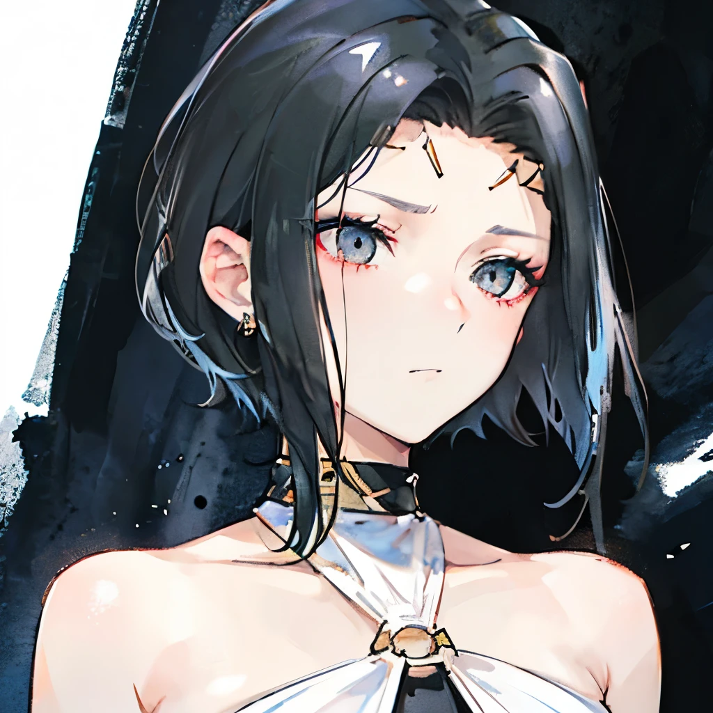A girly girl, very short hair, pixie haircut, black hair, black eyes, close up