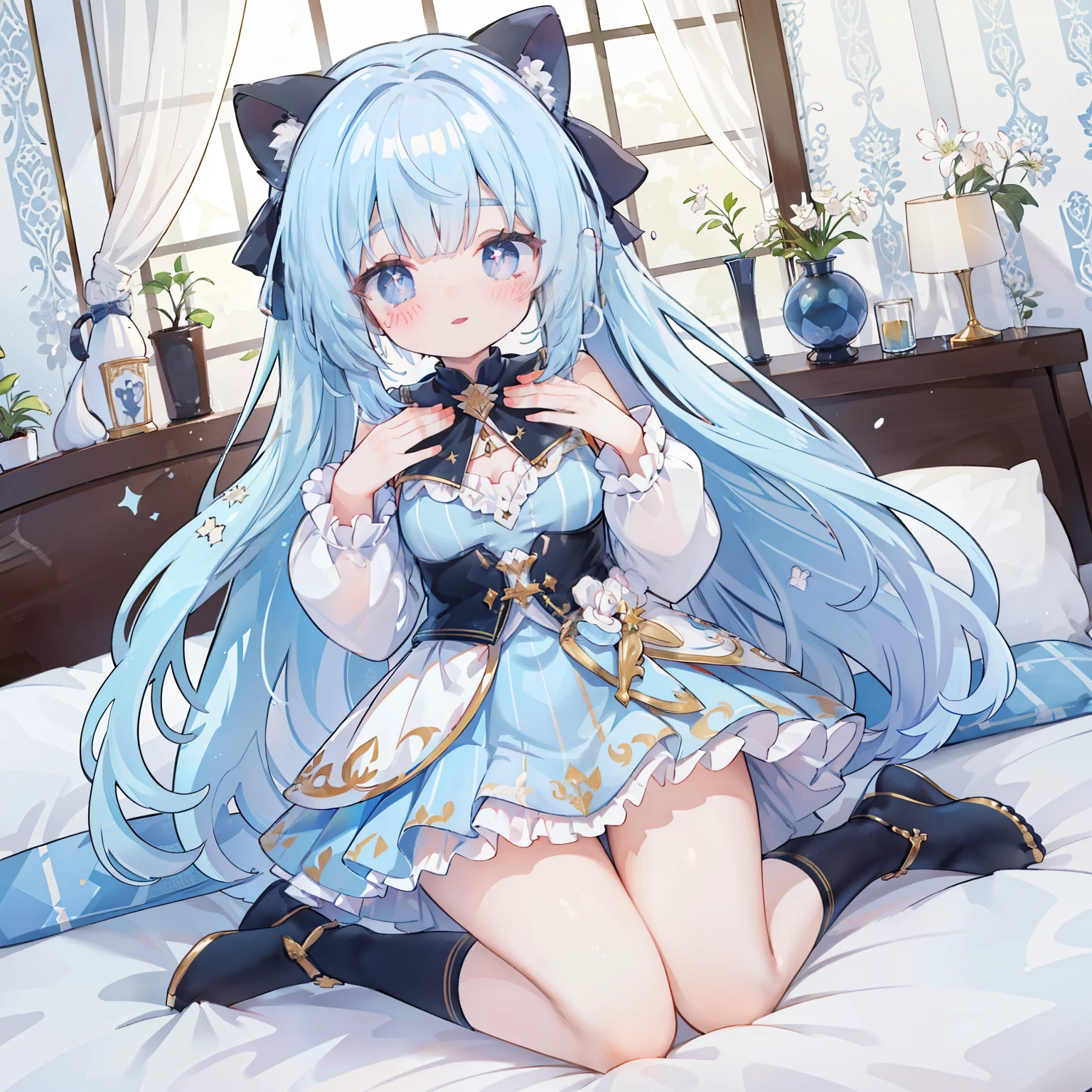 (best quality,8k,high resolution,masterpiece:1.2),super detailed,lifelike,CG wallpaper,Excellent, Beautiful and delicate face, 1 girl, alone, cross-shaped pupils, Default attire, Everlasting，Kneel on the bed，Place your hands between your thighs，blushing，White
