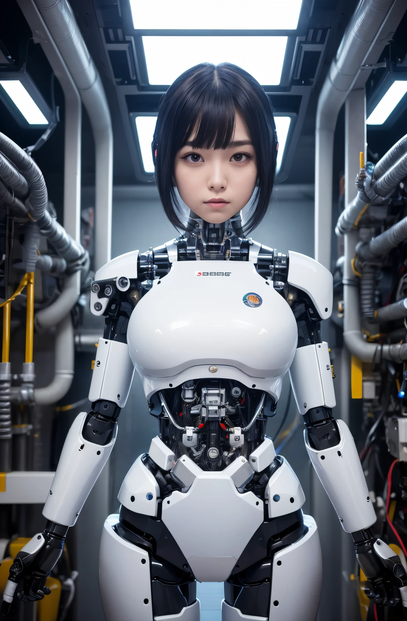 masterpiece, best quality, extremely detailed, Japaese android girl,Plump , control panels,android,Droid,Mechanical Hand, Robot arms and legs, Black hair,Blunt bangs,perfect robot girl,long tube,thick cable connected her neck,android,robot,humanoid,cyborg,japanese cyborg girl ,robot-assembly plant,She is assembling now,assembly scene