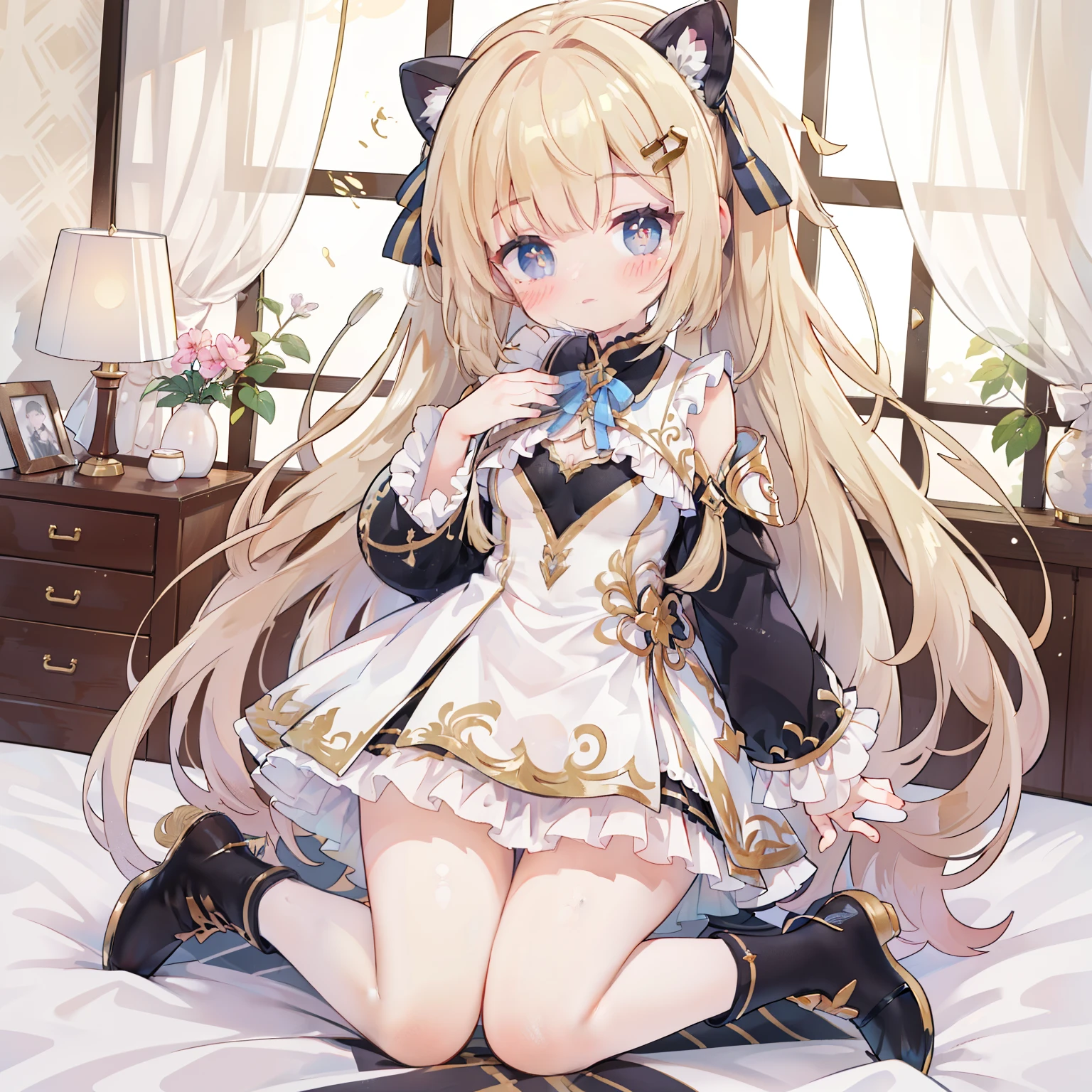 (best quality,8k,high resolution,masterpiece:1.2),super detailed,lifelike,CG wallpaper,Excellent, Beautiful and delicate face, 1 girl, alone, cross-shaped pupils, Default attire, Everlasting,Kneel on the bed,Place your hands between your thighs,blushing,White