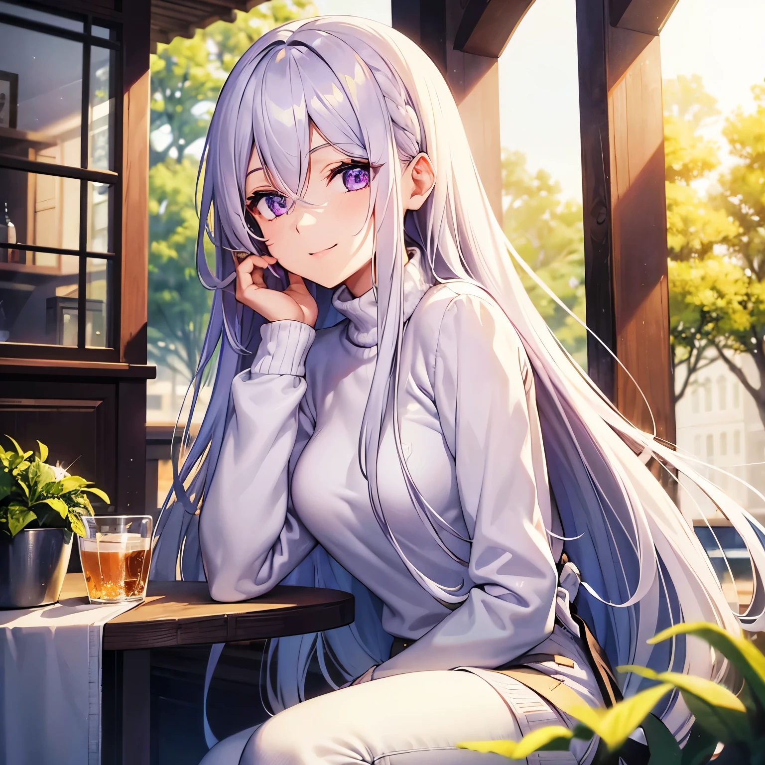 30 years old, slender, long white hair,Hairstyle: Half Up ,Purple eyes, medium chest, kind look,white Jacket, sweater, Fabric jeans long,spring, sun, nature,straight ahead, Sitting in a cafe, Straight ahead, looking straight ahead, smiling,portrait, close-up, High detail, high quality, best quality, beautiful picture,