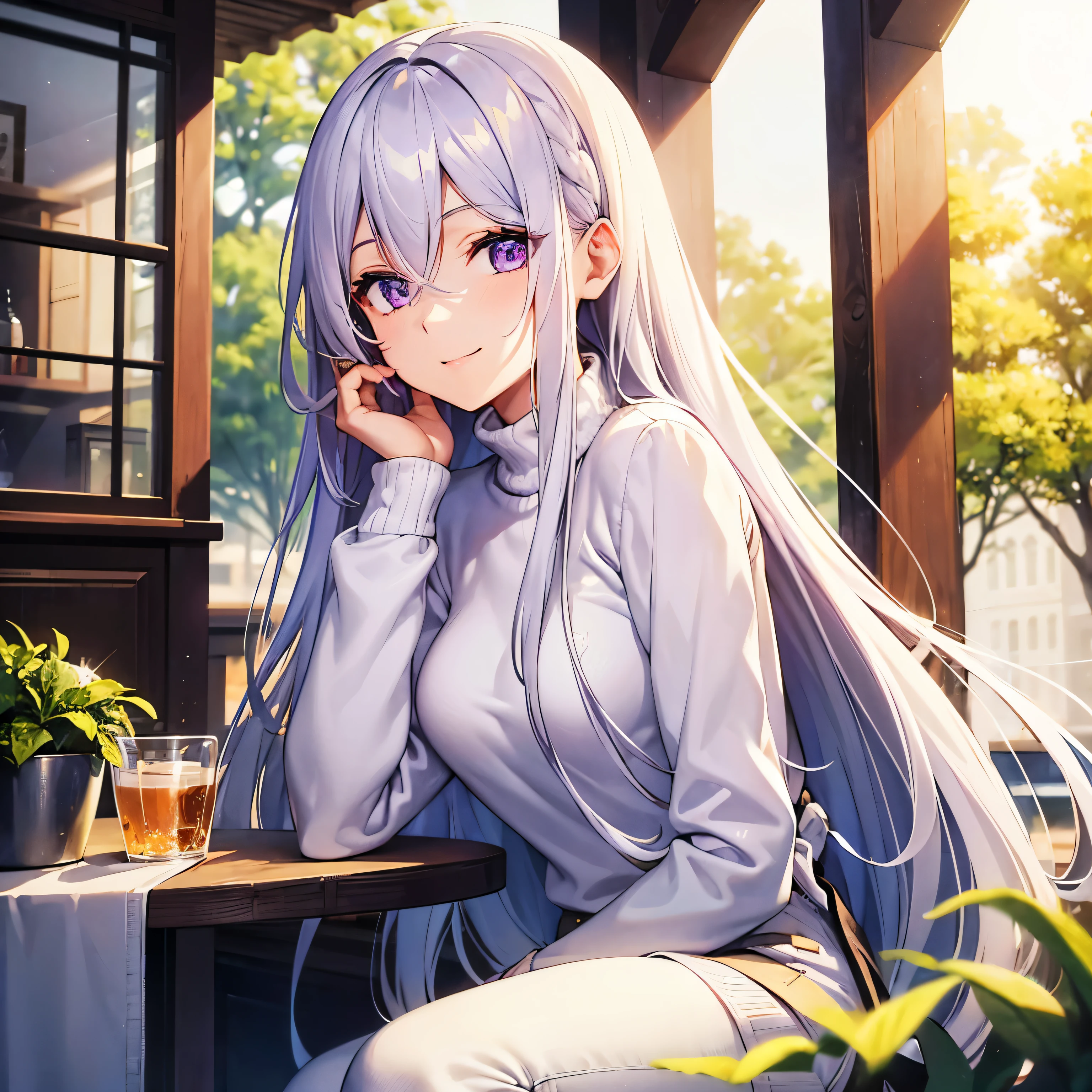 30 years, Slim, long white hair,hairstyle: Half Up ,Purple eyes, medium breasts, kind look,white jacket, sweater, Long denim jeans,spring, Sun, nature,straight-on, sitting in a cafe, straight-on, looking straight-on, smiling,portrait, Close-up, high detail, High quality, Best quality, Beautiful picture,