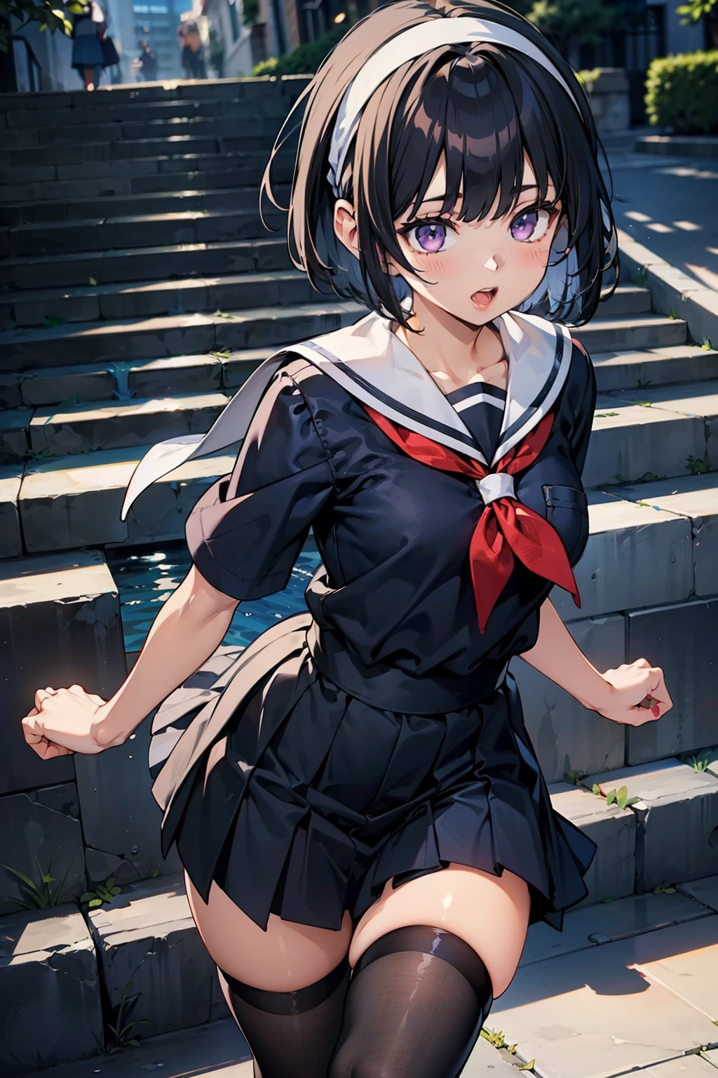 body 8 times longer than head, (Highly detailed CG unity 8k), (highest quality)，(very detailed)，(ultra high resolution), black hair, High school girl wearing a navy sailor suit, Anime 2D rendering, realistic young anime high school girl, ((White headband)), purple eyes, small breasts, tall, slanted eyes, (school scenery), black stockings, bright color, open your mouth a little, Dark blue skirt, bob cut, position looking down from above,  Running Pose, Dash while eating bread、