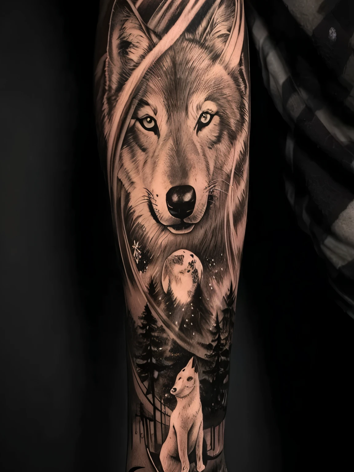 uma tatuagem de lobo preto e cinza na perna, realismo super intrincado, ultra-realista e complexo, altamente realista e intrincado, extremely detalhado e realista, extremamente realista e detalhado, tatuagem realismo, tatuagem realismo design, estilo de tatuagem preto e cinza, hyper detalhado e realista, realismo altamente detalhado, altamente detalhado e bonito, super detalhado e realista, tatuagem altamente detalhada, detalhado e realista