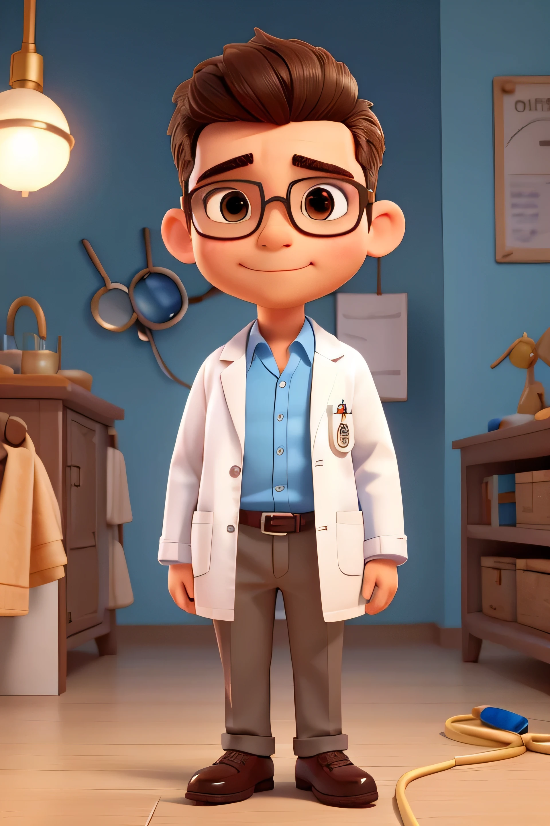 cute little male doctor, 30 anos de idade, huge head, cebelos curtos, wearing thin-framed glasses of round gold, olhos altamente detalhados , vestindo um jaleco branco, using a stethoscope above his shoulders, whole body view, figuras de brinquedo
