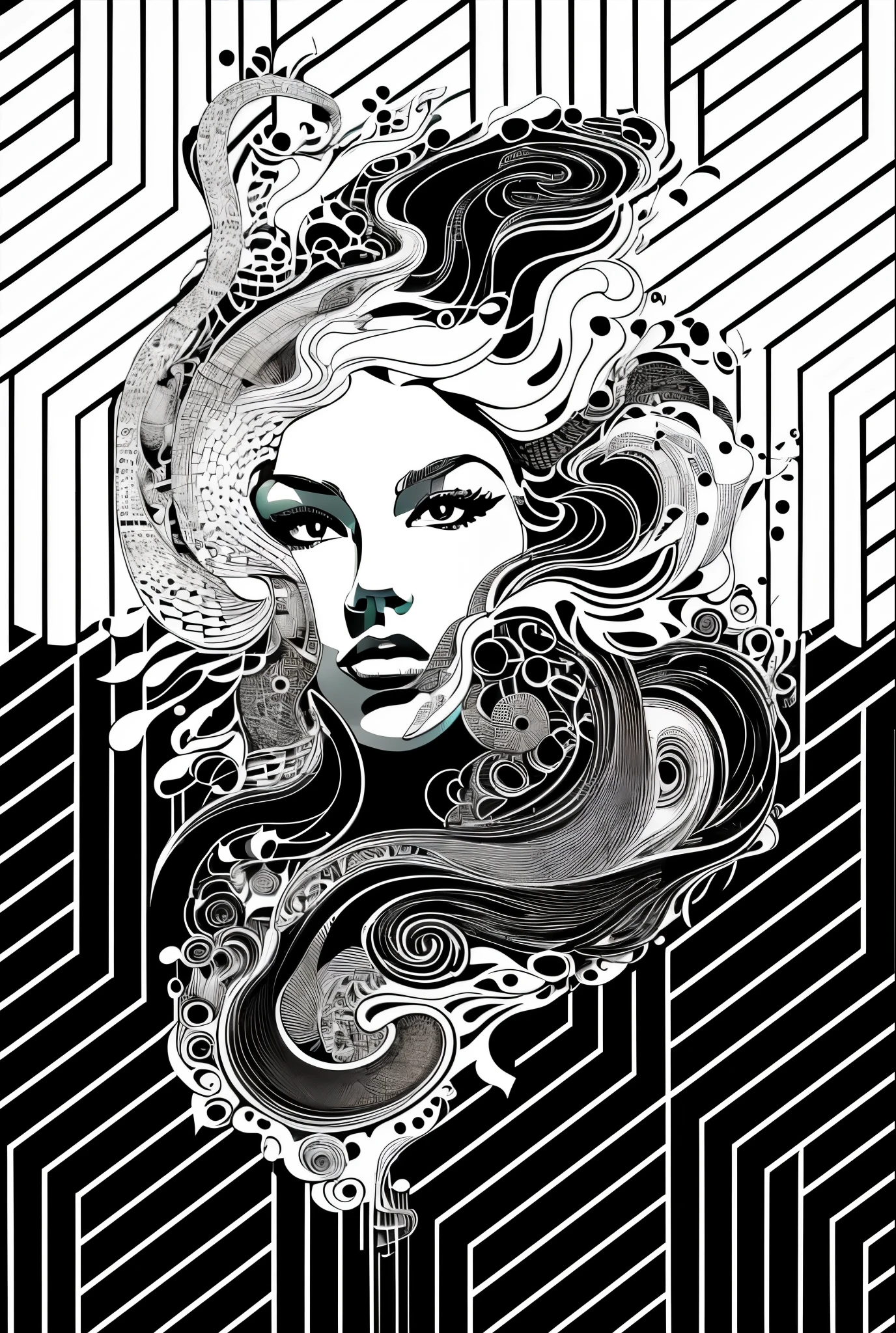 double exposure, b&w, silhouette face of woman and snake, art deco background, (((white silhouette of woman))), dark influence, NijiExpress 3D, kinetic art, ink splash style, abstract art, abstract, tech, 3D, high definition, photo realistic, specified, cybertech elements, futuristic, (((white on top, black on the bottom))), black snake on face

