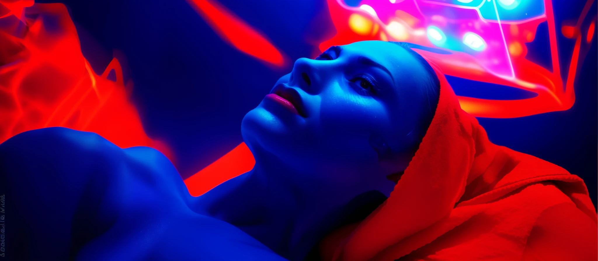 arafed woman in a towel in a blue light, red glowing skin, face is brightly lit, intense sunlight, dramatic light on face, transparent vibrant glowing skin, glowing skin face, red and cinematic lighting, bright vivid lighting, face and skin is dark red, glowing with colored light, glowing magical shiny skin, photo of a beautiful, beautiful glowing backlit