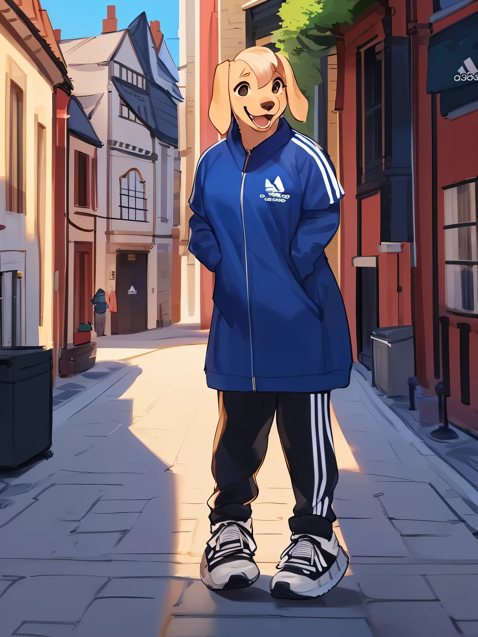 by bebebebebe, by lostgoose, by goonie-san, solo, female, standing, ((snout, hair, hair, labrador)), detailed eyes, french city, open mouth, smiling, happy, ((designer clothes, Adidas))