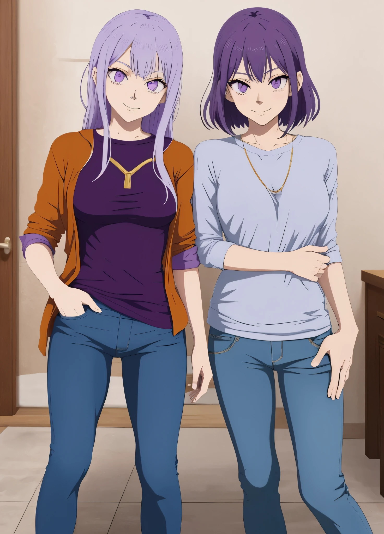 flat color, anime coloring, incredibly absurd, smooth detail, Best quality, 1 girl, One, Purple eyes, Indigo hair, Gold Shirt, jeans, smile, hands in pockets, in room, Beautiful background, (Target-shading)