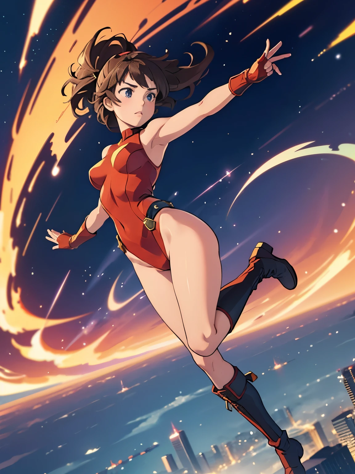 1girl, medium breasts, leotard, red and blue leotard, bare legs, fastened tight gold belt, boots, matching boots, gloves, city backdrop, solo, single, full body shot, superhero, beautiful detailed eyes, mature lady, star symbol on chest, brown hair, high leg leotard, spins fast in place like a tornado, wind swirls, wind circles around her body horizontally, rapid gyration, girl tornado spinning, girl turning to a whirlwind, outstretched arms, standing, time warp