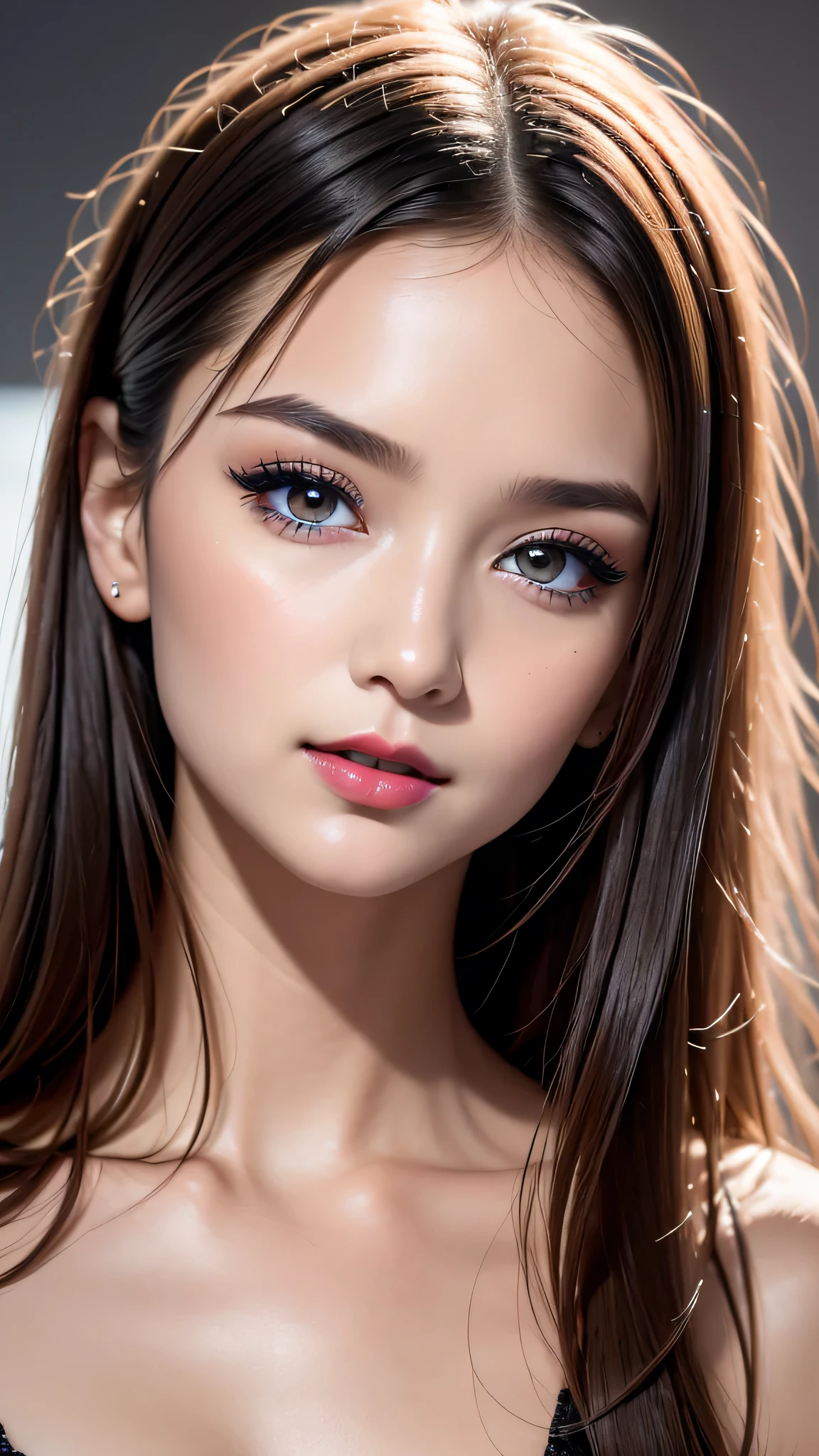 （8K， best qualtiy， tmasterpiece：1.2)，（real:1.5、photorealistic:1.5)，(detailed street:1.4), ((The ultra -The high-definition))、high high quality， highdetailskin，(beautiful 22 years old 1 girl:1.2), evening gown, (large breasts:1.25), (small head:1.5), detailed eyes detailed pupils multiple eyes, split_ponytail, (gentle_face), (seduce expression:1.4), dynamic angle, dynamic view, (Glamour, paparazzi taking pictures of her)、 contrast、 dark shot:1.17、 Long blue_eyelashes:1.22、 red_lipstick:1.38、((perfect round eyes))、 dark_pink_makeup:134、((matte skin:1.45)), (Super beautiful detailed face:1.5)、(detailed eyes:1.4)、(detailed lips:1.2)、(Detailed nose:1.2)、((very delicate and beautiful、fine details:1.2)、