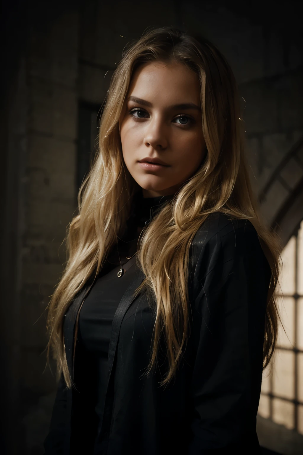 Stunning woman, with beautiful flowing blonde hair, wearing black clothing, using the four most commonly used texture maps ,photography, photorealistic, create an atmosphere of mystery, add a moody expression, looks into the camera