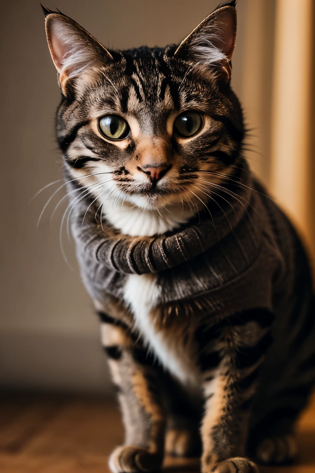 Closeup of an cat furry wearing a wool sweater, high quality photography, 3 point lighting, flash with softbox, 4k, Canon EOS R3, hdr, smooth, sharp focus, high resolution, award winning photo, 80mm, f2.8, bokeh