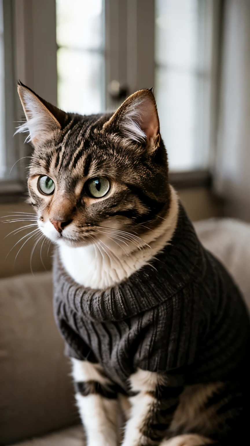 Closeup of an cat furry wearing a wool sweater, high quality photography, 3 point lighting, flash with softbox, 4k, Canon EOS R3, hdr, smooth, sharp focus, high resolution, award winning photo, 80mm, f2.8, bokeh