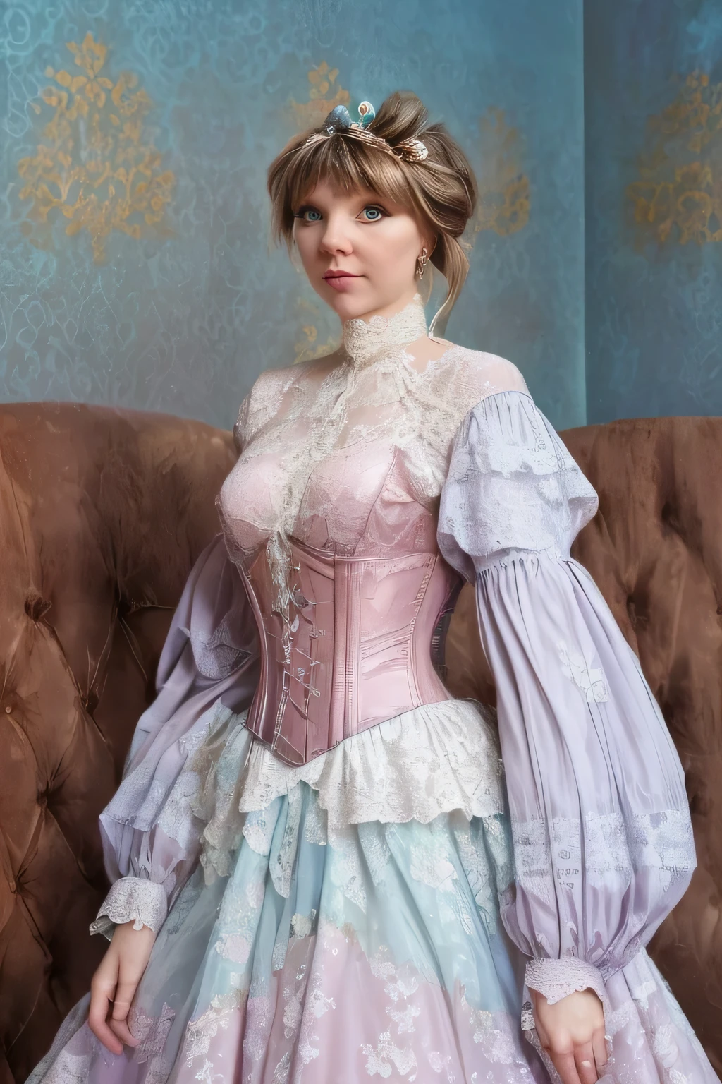(angelova:1.3),Realistic, (masterpiece:1.4, Best quality), (complex parts), Unity 8k Wallpaper, ultra detailed, (pastel shades:1.3), (lace) underwear and corset, beautiful and aesthetically pleasing, 1 girl, detailed, One, victorian mansion