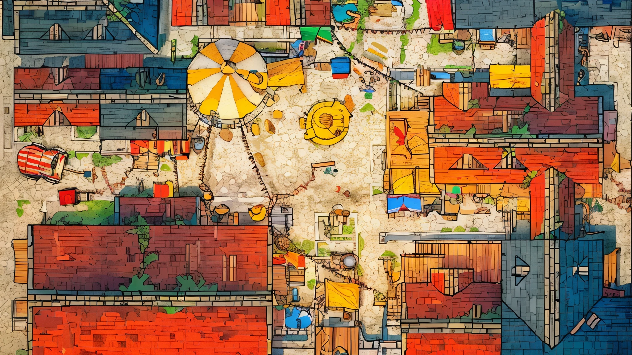 aerial view of a colorful city with a beach umbrella and buildings, detailed street, town center background, town background, hyper detailed scene, a bustling magical town, fantasy town setting, beautiful detailed pixel art, aerial illustration, the streets of baldur's gate, medeival fantasy town, medieval map of small town, game top down view, top - down perspective