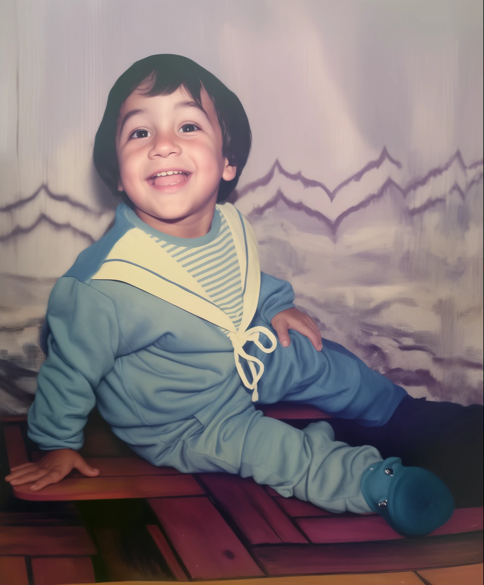 painting of a  sitting on a wooden bench smiling, fotografia antiga, Quatro anos de idade, Jovem , foto colorida, colour retrato photograph, with a happy expression, Riyad Cassiem, linus sebastian, childhood friend, foto colorida antigagraph, foto colorida, foto colorida antiga, retrato!!, It is cute, retrato!!!, retrato